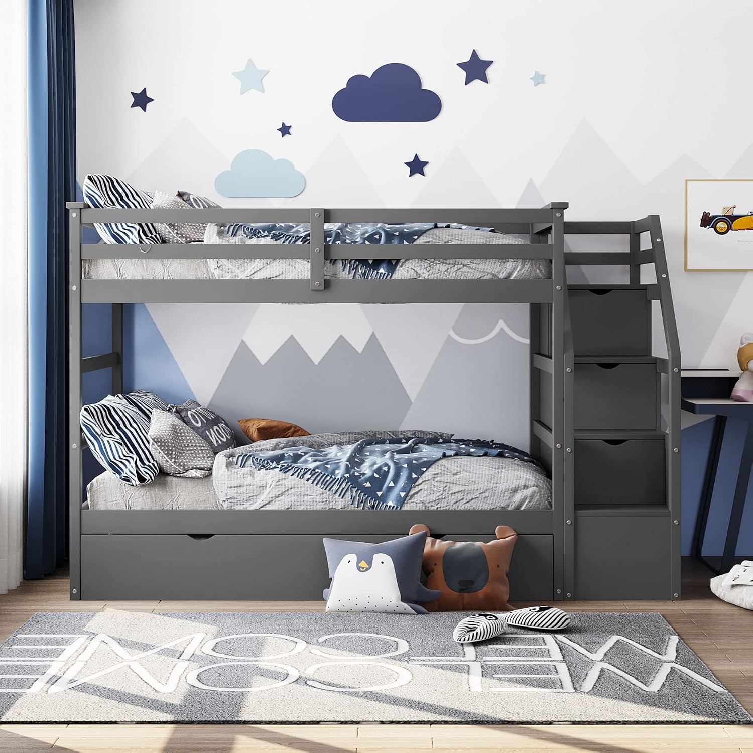 Harper & Bright Designs Twin-Over-Twin Bunk Bed with Twin Size Trundle and 3 Storage Stairs, Trundle Bunk Bed, Staircase Can be Installed on Right or Left Side (Gray)