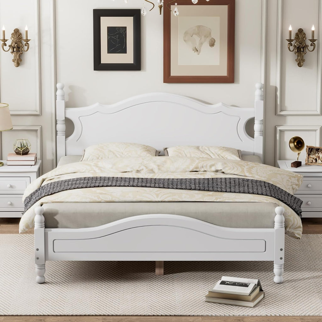 JIVOIT Retro Style Platform Bed with Headboard and Footboard, Queen Size Wood Platform Bed Frame with Wooden Slat Support, Solid Wood Foundation, No Box Spring Required (White,Queen,5)