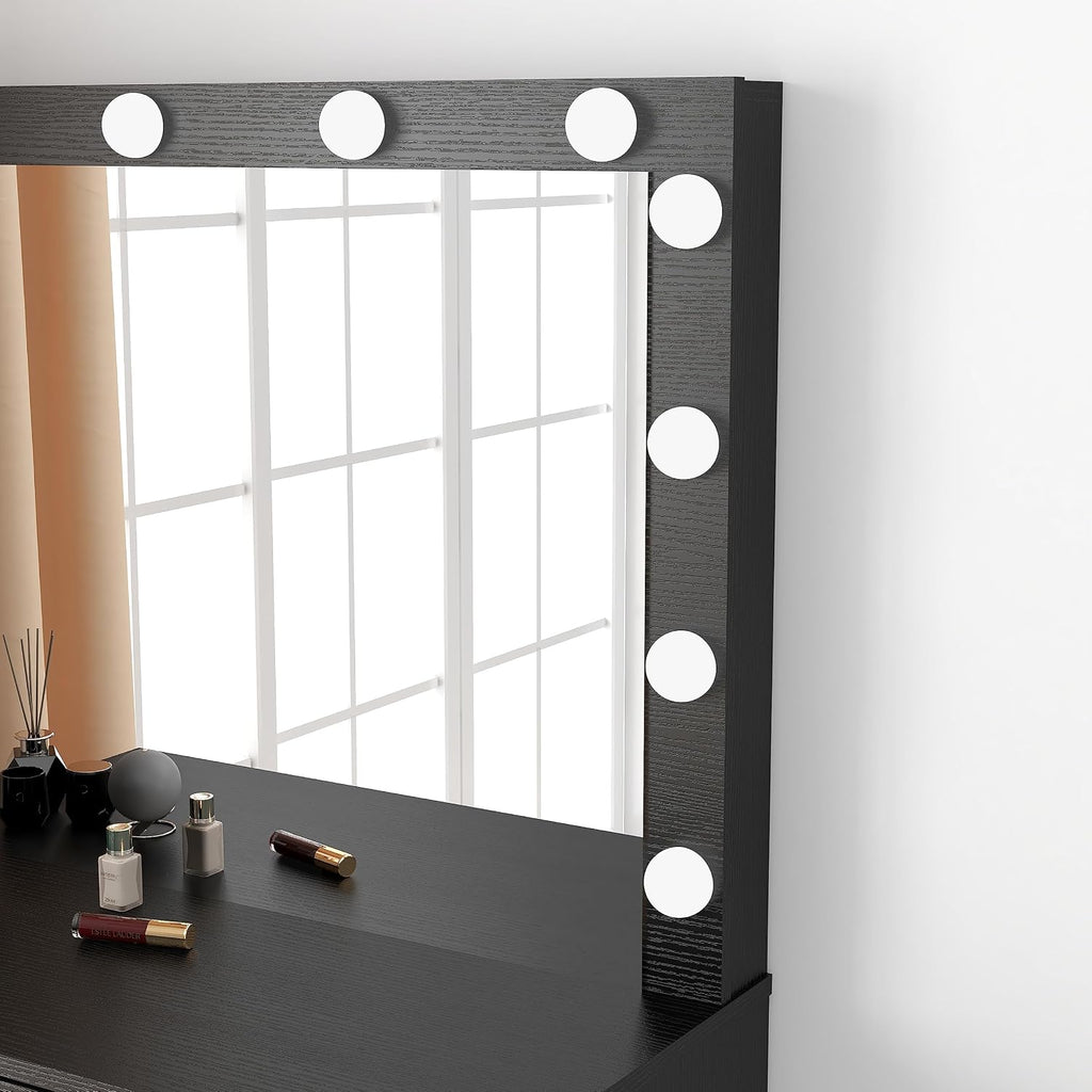 Panana Vanity Desk with Mirror and Lights, Black, Medium Size, Tabletop Mount, Makeup Vanity Table with Stool, Bedroom