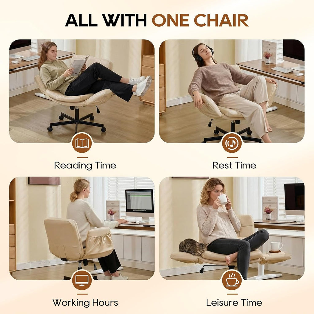 Criss Cross Chair with Wheels & Outward-Folding Armrests, Cross Legged Office Chair with Storage Pockets, Comfortable Adjustable Swivel Vanity Chair for Home, Living Room, Bedroom (Beige,Set of 2)