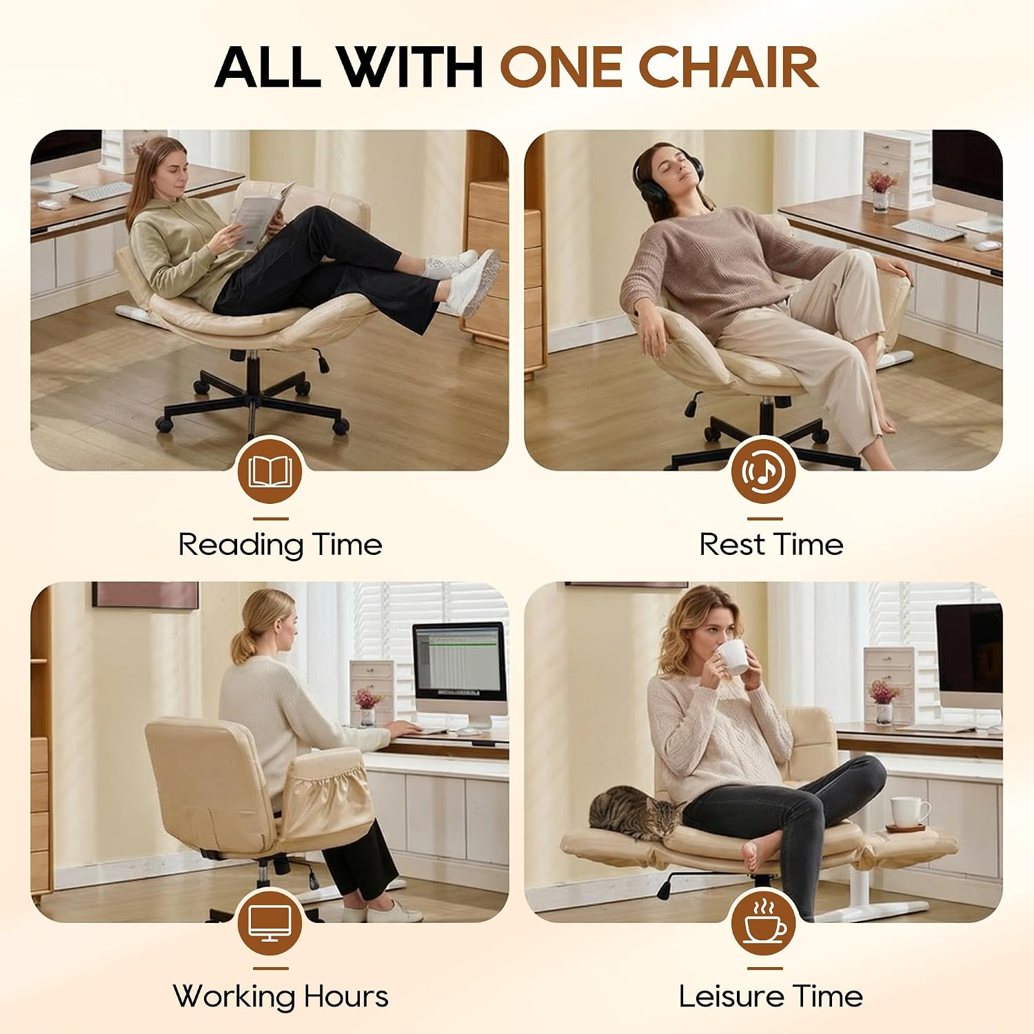 Criss Cross Chair with Wheels & Outward-Folding Armrests, Cross Legged Office Chair with Storage Pockets, Comfortable Adjustable Swivel Vanity Chair for Home, Living Room, Bedroom (Beige,Set of 2)
