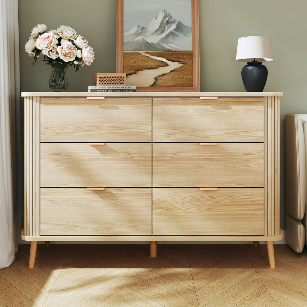 Fluted 6 Drawers Dresser for Bedroom, Mid Century Modern Chests of Drawers, Curved Profile Design, Wide Wood Storage Dresser for Entryway, Hallway, Oak