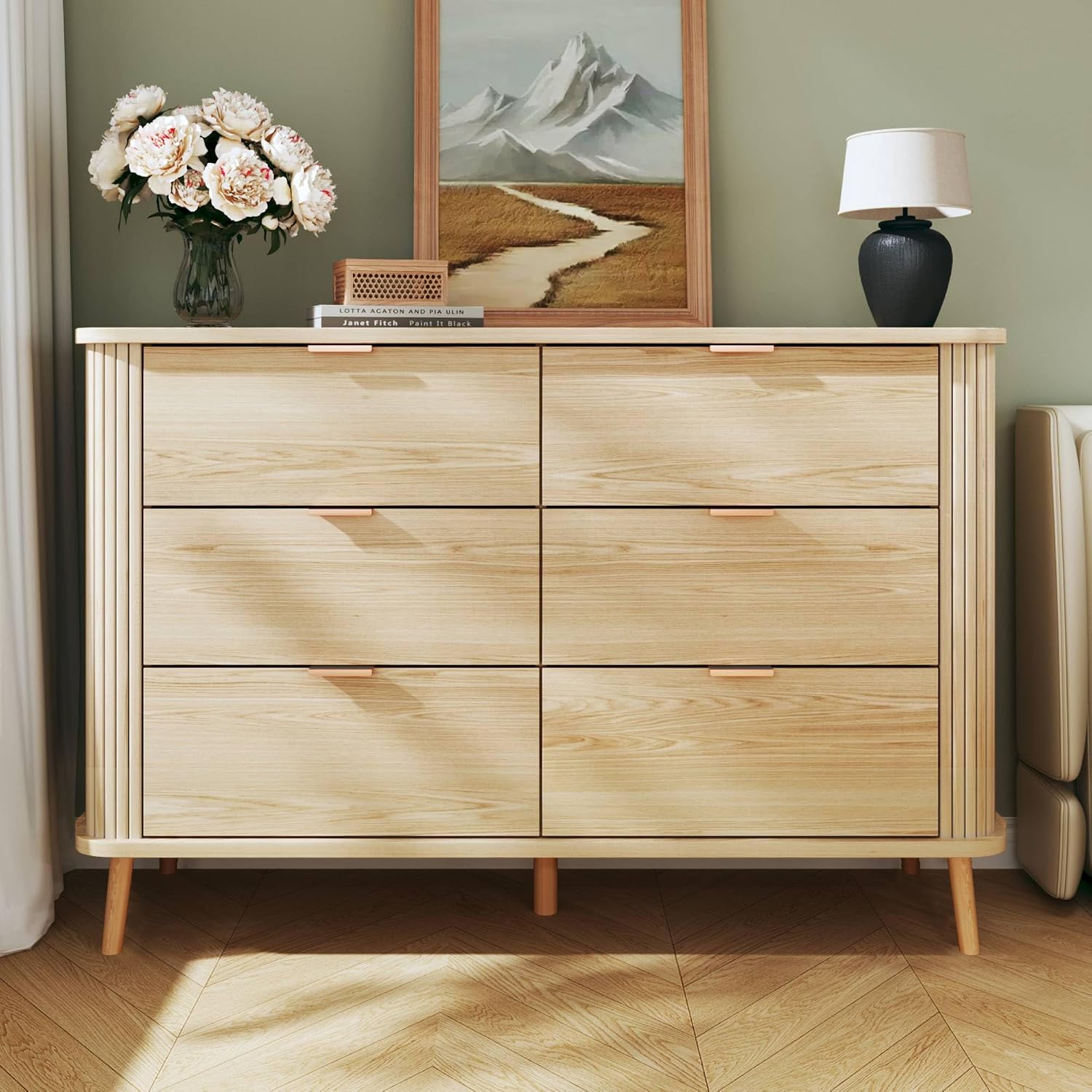 Fluted 6 Drawers Dresser for Bedroom, Mid Century Modern Chests of Drawers, Curved Profile Design, Wide Wood Storage Dresser for Entryway, Hallway, Oak