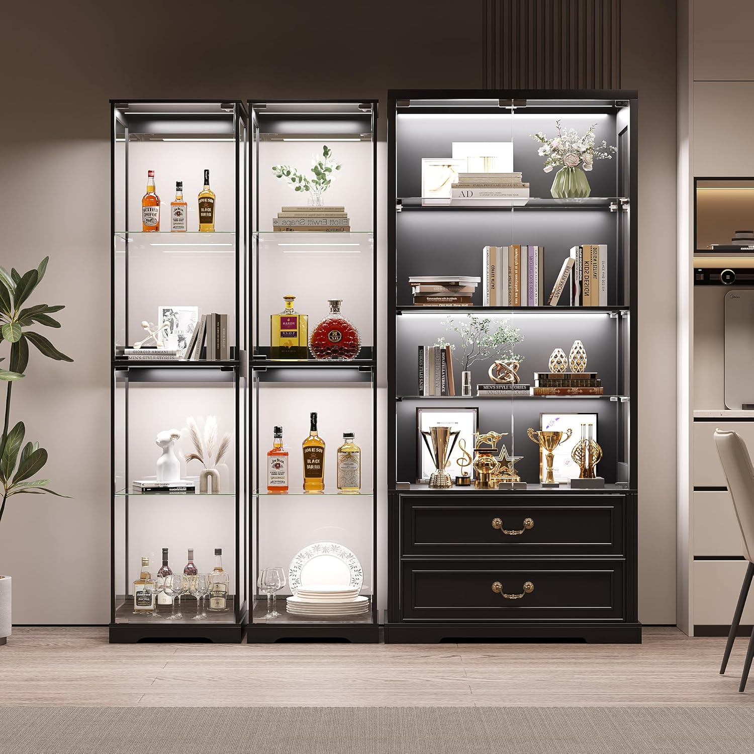 Glass Display Cabinet with Doors, 65' Tall 4-Tier Curio Display Case with 3 Color Lights and Human Body Sensor, Bookcase for Collectibles, Black