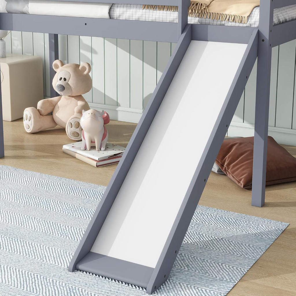 JIVOIT Twin Size Low Loft Bed with Slide and Ladder, Rubber Wood Twin Loft Bed with Wood Slats Support, No Box Spring Needed (Grey/407)