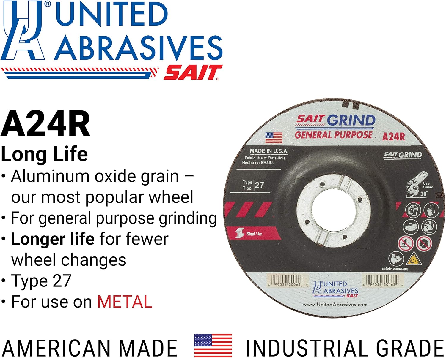 United Abrasives-SAIT 20013 A24R General Purpose/Long Life Grinding Wheel (Type 27/Depressed Center) 4' x 1/4' x 5/8' , 25-Pack