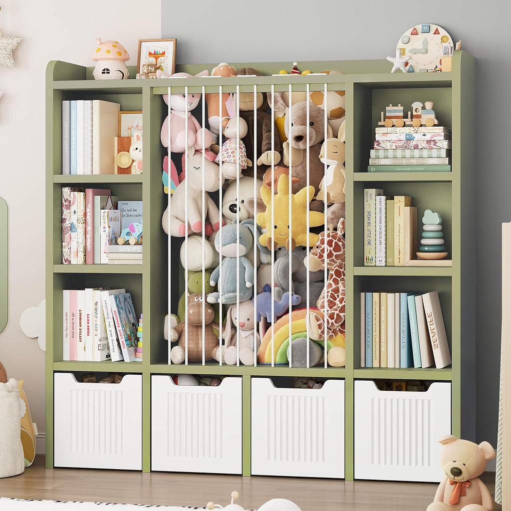 ONBRILL Toy Storage Organizer, Toddler Stuffed Animal Storage, Kids Toy Shelf with 6 Open Cubbies & 4 Movable Toy Chest, Bookshelf for Kids Room Playroom Bedroom Nursery (Green)