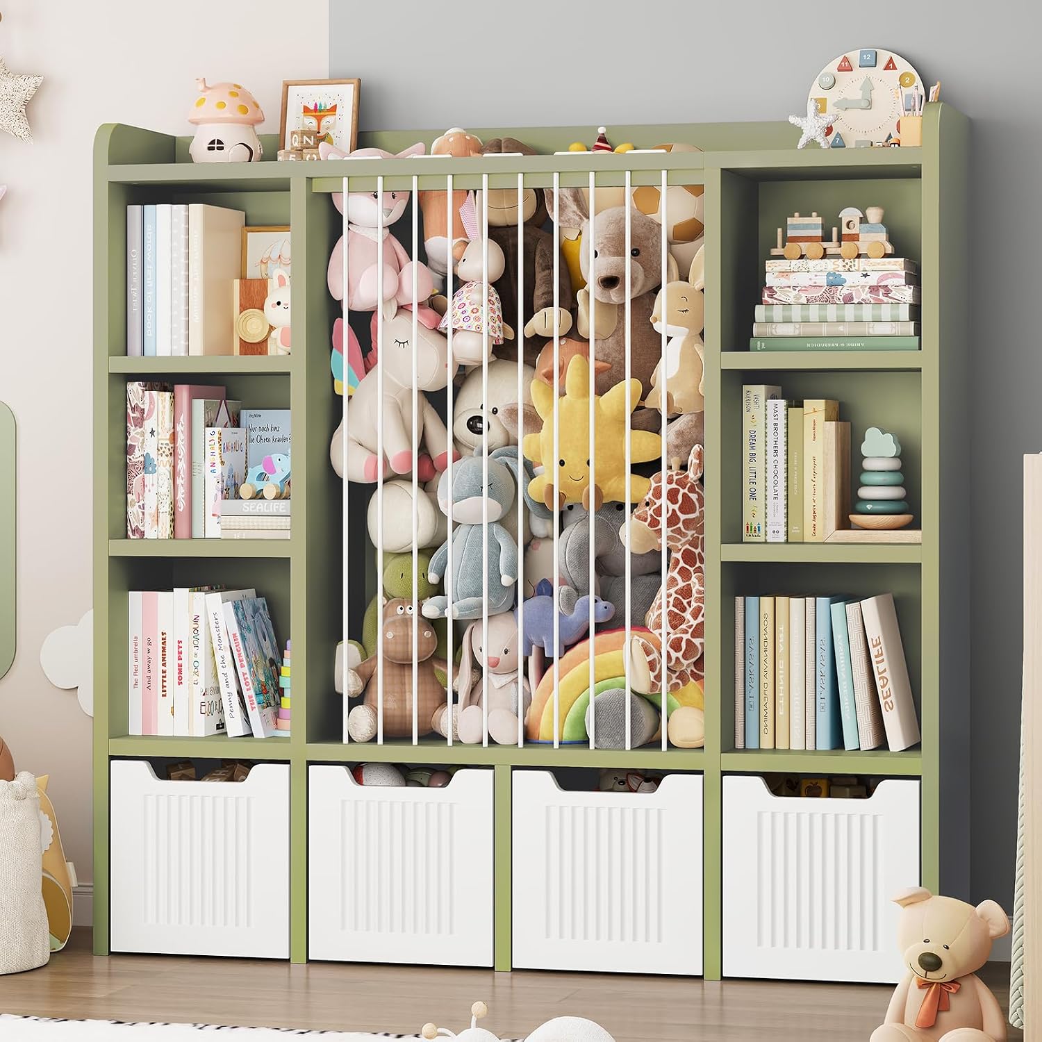 ONBRILL Toy Storage Organizer, Toddler Stuffed Animal Storage, Kids Toy Shelf with 6 Open Cubbies & 4 Movable Toy Chest, Bookshelf for Kids Room Playroom Bedroom Nursery (Green)