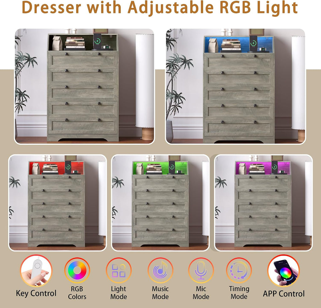 Wodeer Grey Dresser Tall 5 Drawer Dresser for Bedroom, Wood Chest of Drawers with LED Lights, Charging Station, Metal Handles, Modern Storage Cabinet and Organizer Drawers for Living Room, Hallway