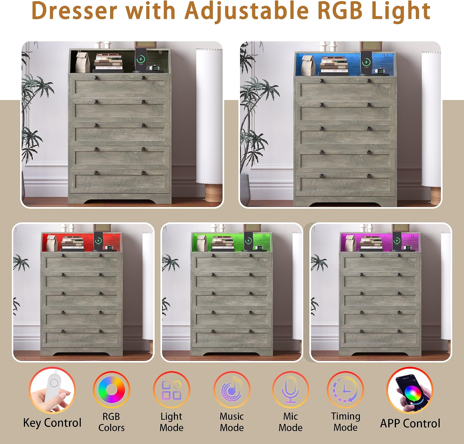 Wodeer Grey Dresser Tall 5 Drawer Dresser for Bedroom, Wood Chest of Drawers with LED Lights, Charging Station, Metal Handles, Modern Storage Cabinet and Organizer Drawers for Living Room, Hallway