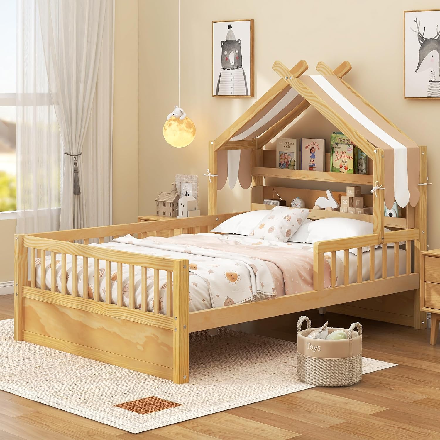 Merax Twin Size House Bed with Storage Headboard Shelf & Removable Canopy, Wooden Platform Bed Frame with Guardrail for Boys Girls Teens Bedroom Use, No Box Spring Needed, Natural