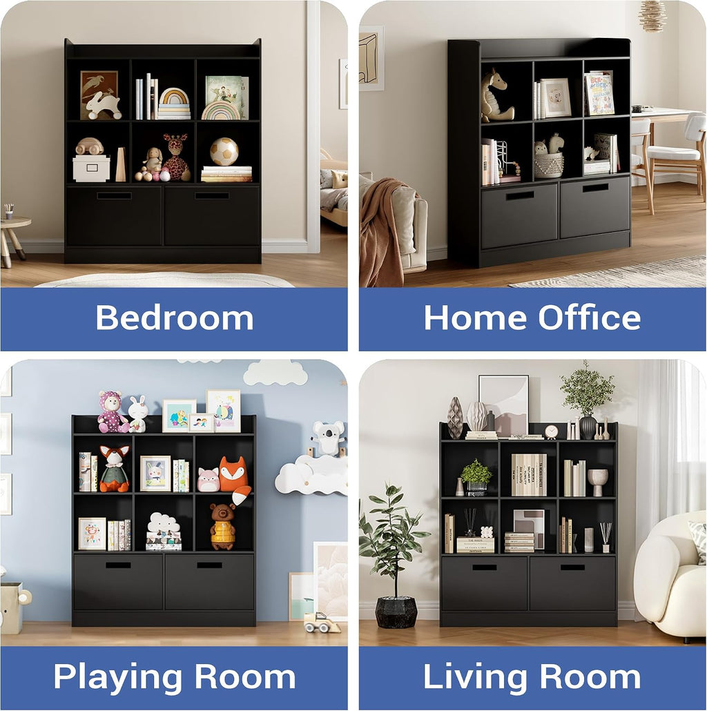 Housoul 8 Cube Kids Bookshelf with Fabric Drawers, 3-Tier Wooden Open Shelf Bookcase, Freestanding Book Shelves, Kids Bookcase Cubby Storage Organizer for Bedroom, Living Room, Office, Black