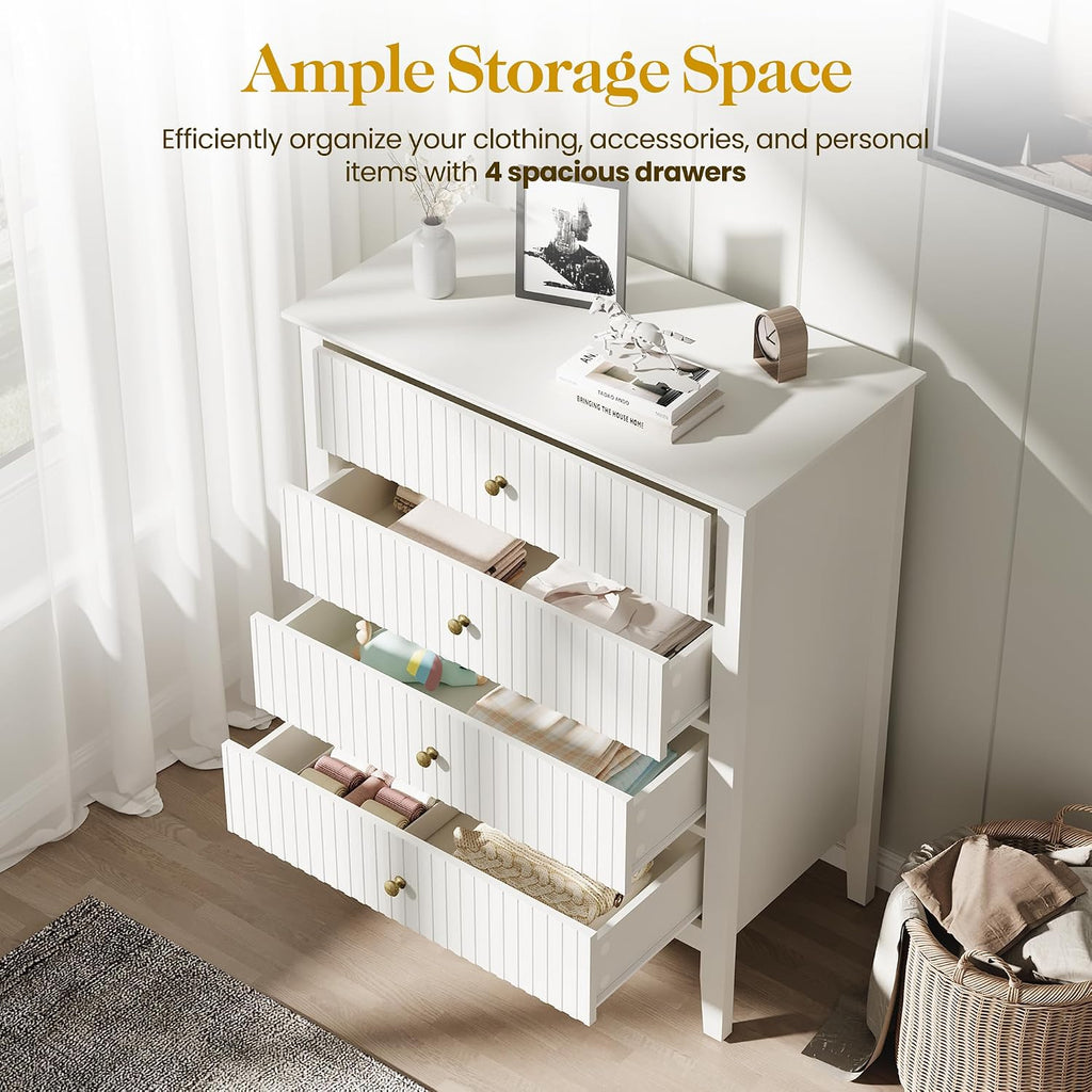 RoyalCraft White Fluted 4 Drawer Dresser for Bedroom, Modern Chest of Drawers, Wood Dresser for Storage Clothes, Wooden Storage Cabinet Nightstand for Bedroom, Hallway, Living Room, Entryway