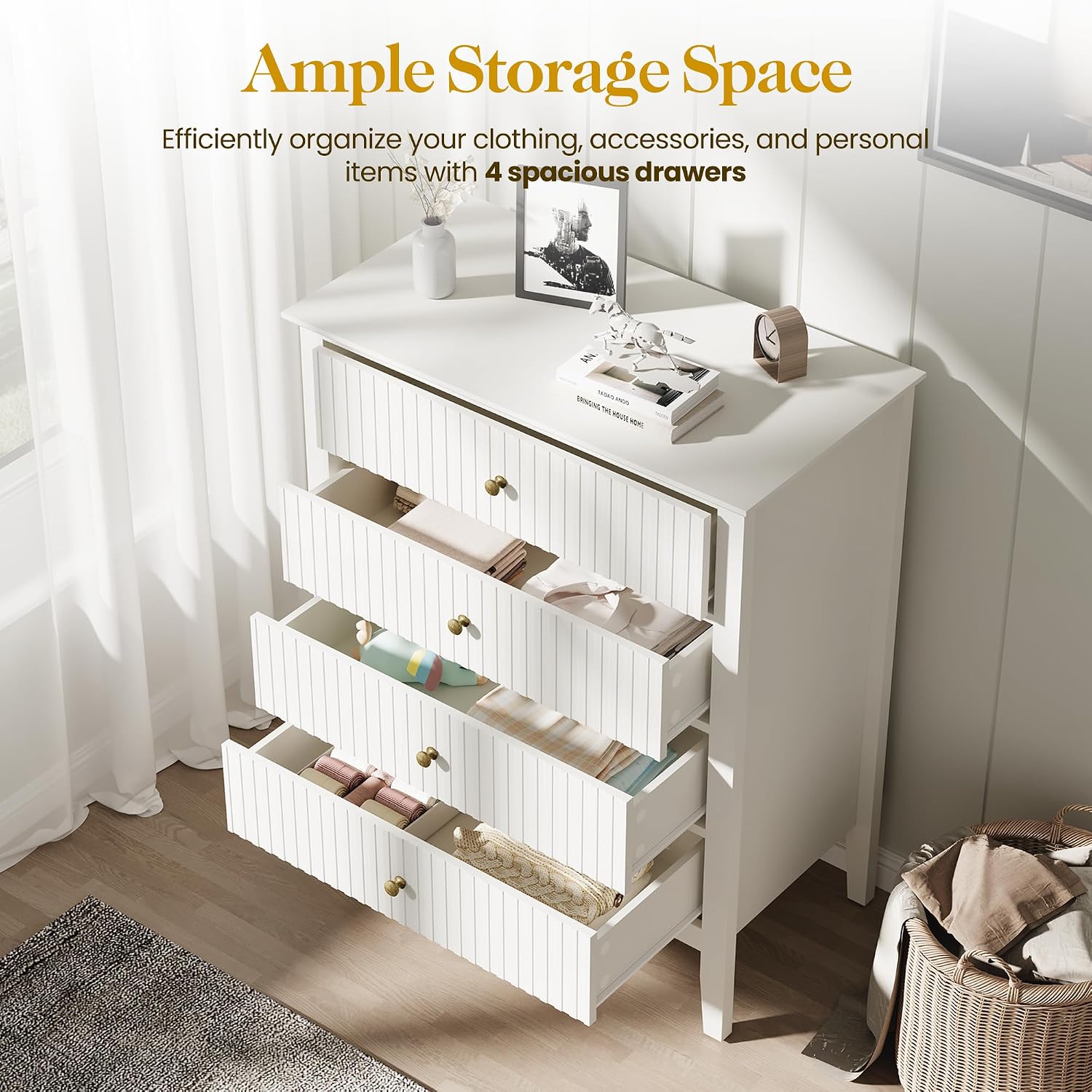 RoyalCraft White Fluted 4 Drawer Dresser for Bedroom, Modern Chest of Drawers, Wood Dresser for Storage Clothes, Wooden Storage Cabinet Nightstand for Bedroom, Hallway, Living Room, Entryway