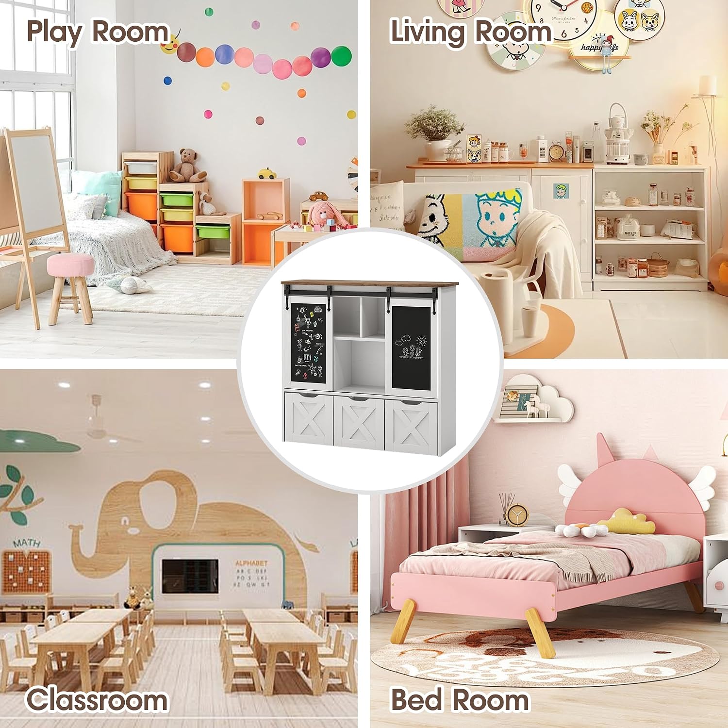 Vabches Toy Storage Organizer with Sliding Chalkboard, Kids Bookshelf and Bookcase with 3 Movable Drawers & 5 Storage Cubbies, Multifunctional Storage Cabinet Toy Chest for Playroom,Nursery, Kids Room