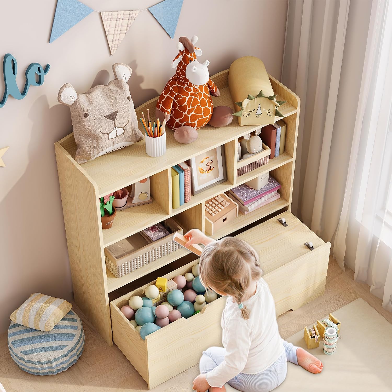 IDEALHOUSE Toy Storage Cabinet, Kids Bookshelf with Movable Drawers and Open Shelves, Kids Bookcase Organizer for Playroom Nursery Kindergarten