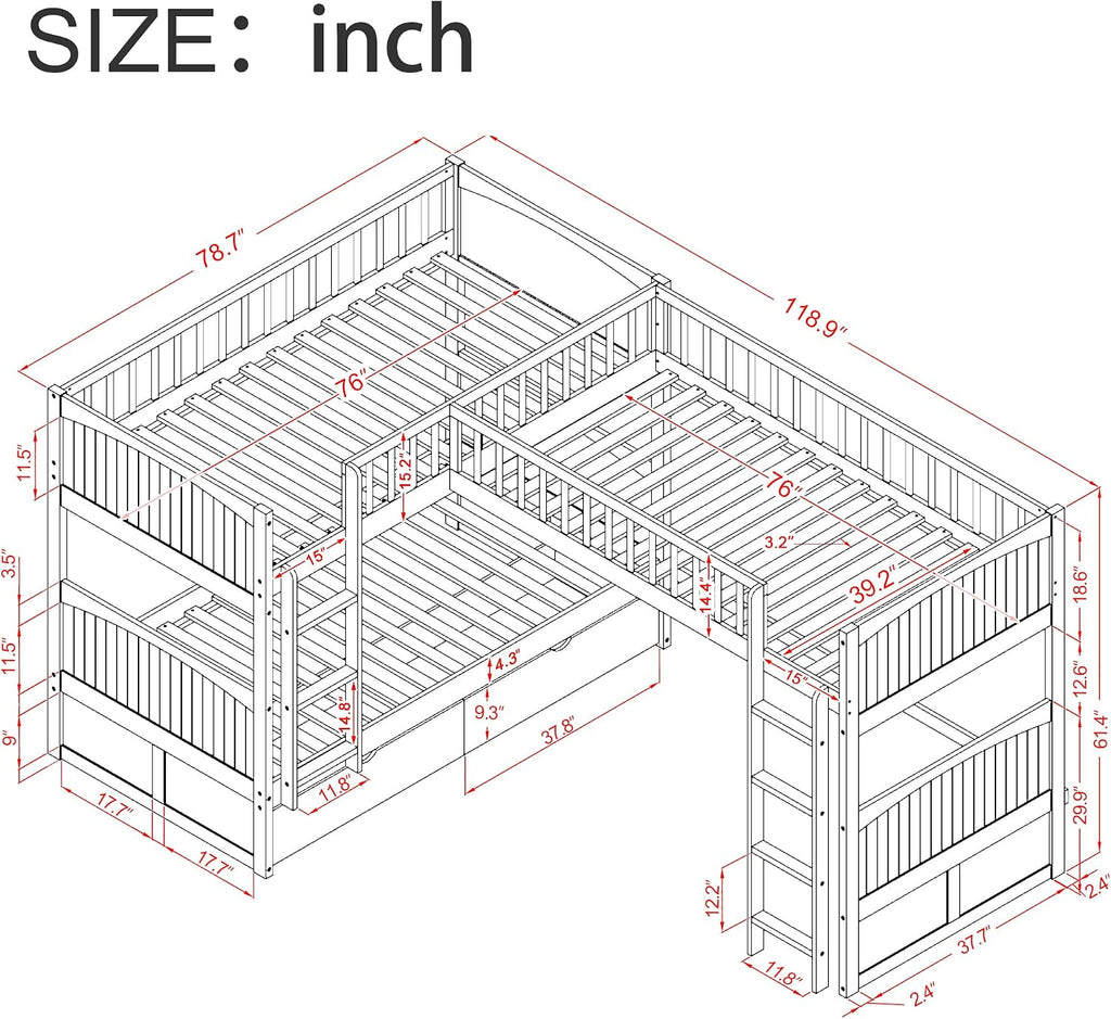 Flieks Triple Bed Twin-Over-Twin-Over-Twin Bed L Shaped Bunk Bed with 2 Drawers and 2 Ladders, No Box Spring Needed