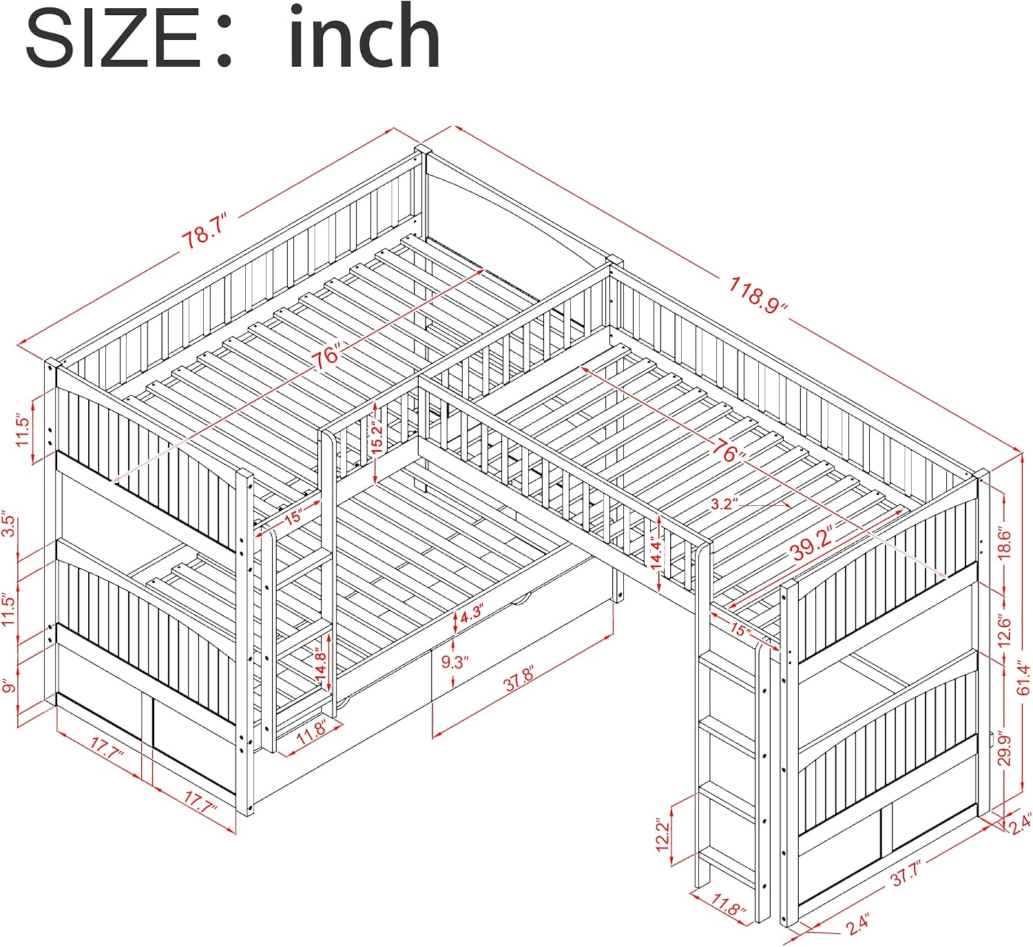 Flieks Triple Bed Twin-Over-Twin-Over-Twin Bed L Shaped Bunk Bed with 2 Drawers and 2 Ladders, No Box Spring Needed