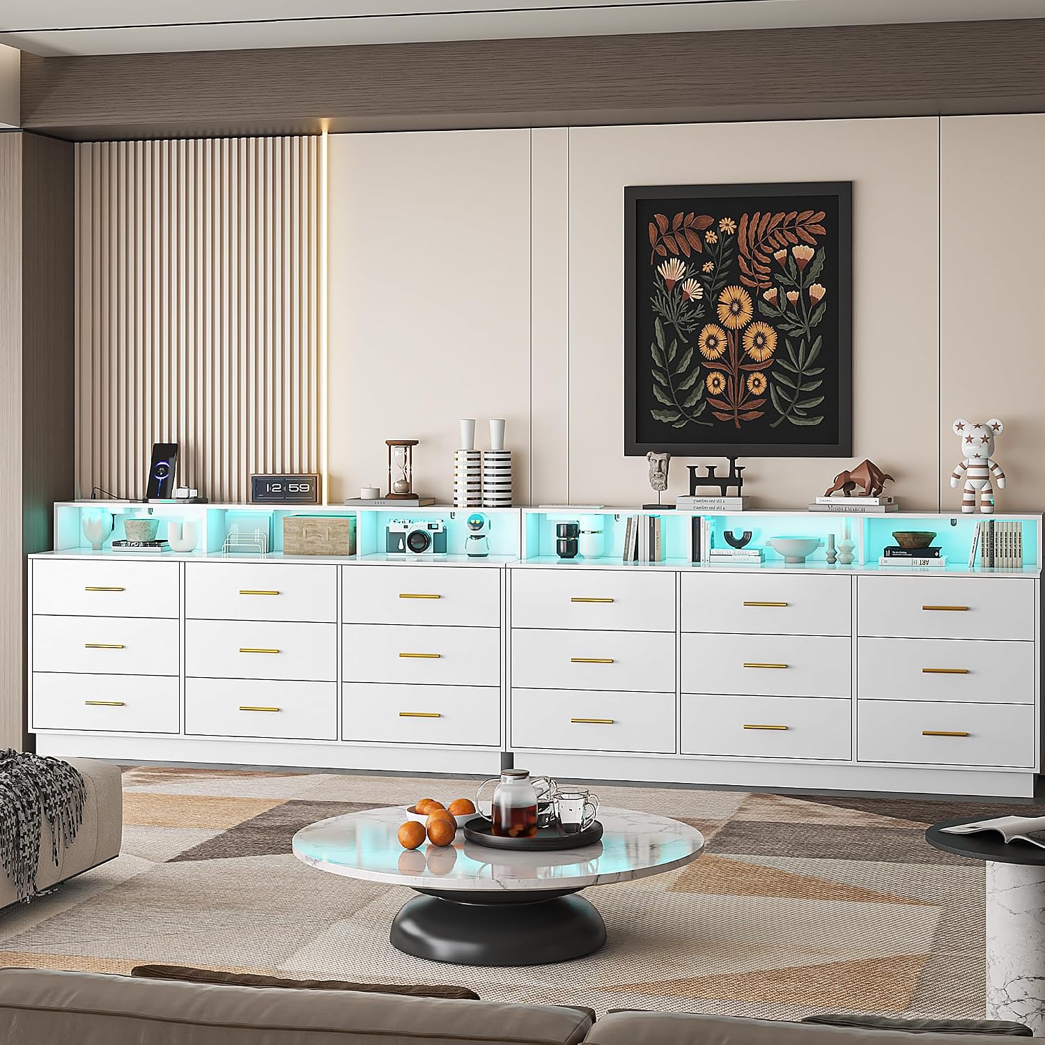 UNIQUITE White 9 Drawer Dressers for Bedroom, Modern Large Dresser with LED Light and Power Outlet, Wooden Long Dresser for Bedroom, Entryway, Hallway