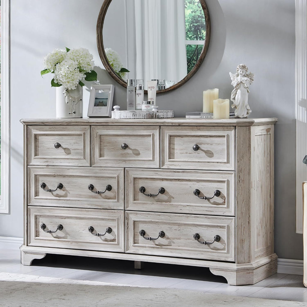 T4TREAM Farmhouse 7 Drawers Dresser for Bedroom, 54' Wide Wood Rustic Chest of Drawers with Natural Texture, Vintage Design, Storage Dressers Organizer for Bedroom, Living Room, Distressed White