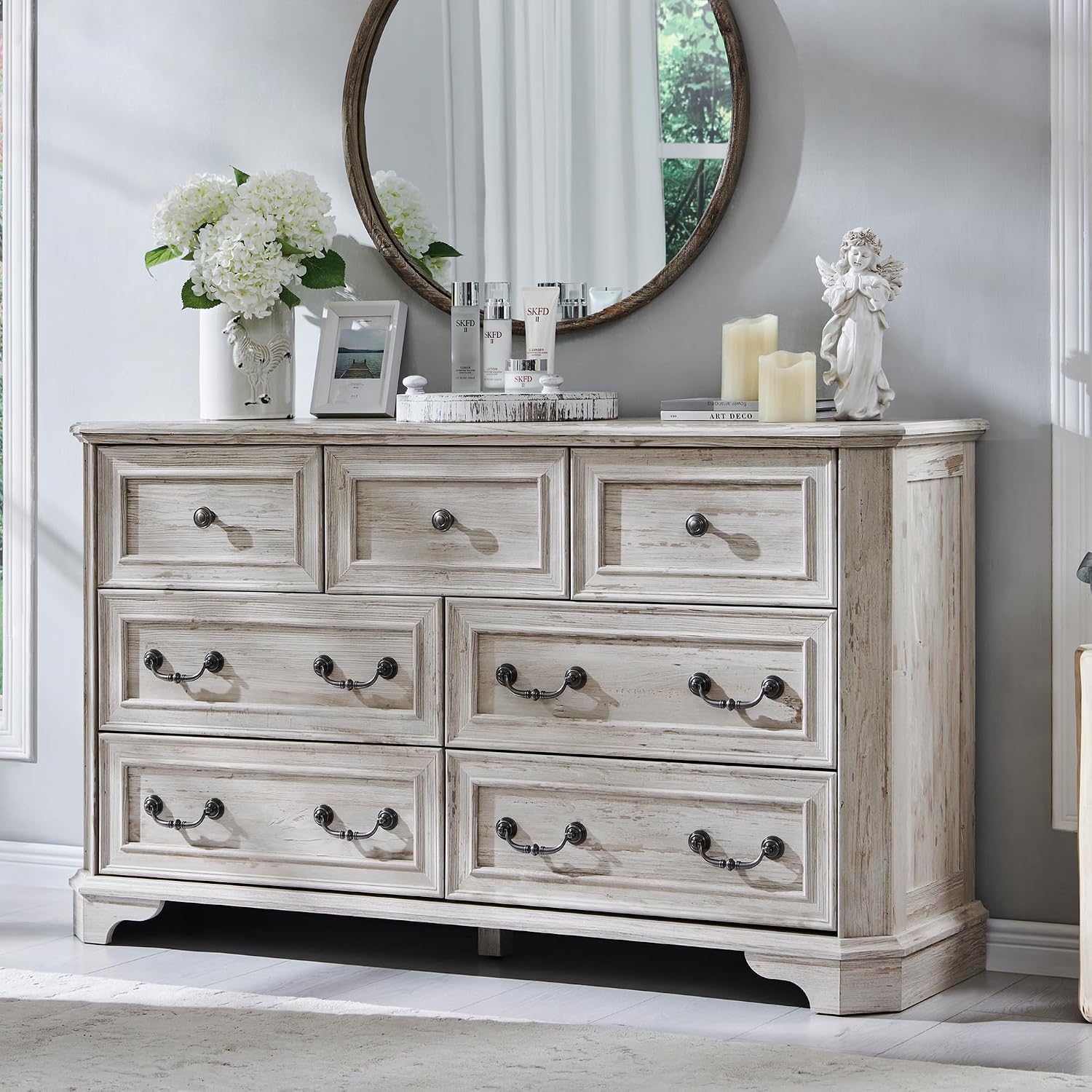 T4TREAM Farmhouse 7 Drawers Dresser for Bedroom, 54' Wide Wood Rustic Chest of Drawers with Natural Texture, Vintage Design, Storage Dressers Organizer for Bedroom, Living Room, Distressed White