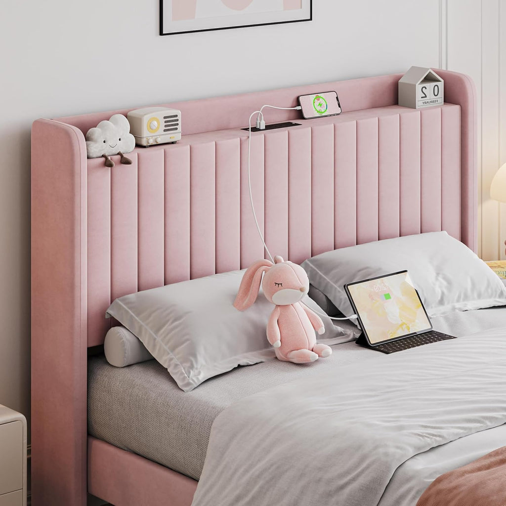 Yaheetech Queen Bed Frame with USB Charging Station and Storage Shelf/Upholstered Headboard Platform Bed with Wing Side/Wooden Slats Support/Noise Free/No Box Spring Needed/Easy Assembly, Pink