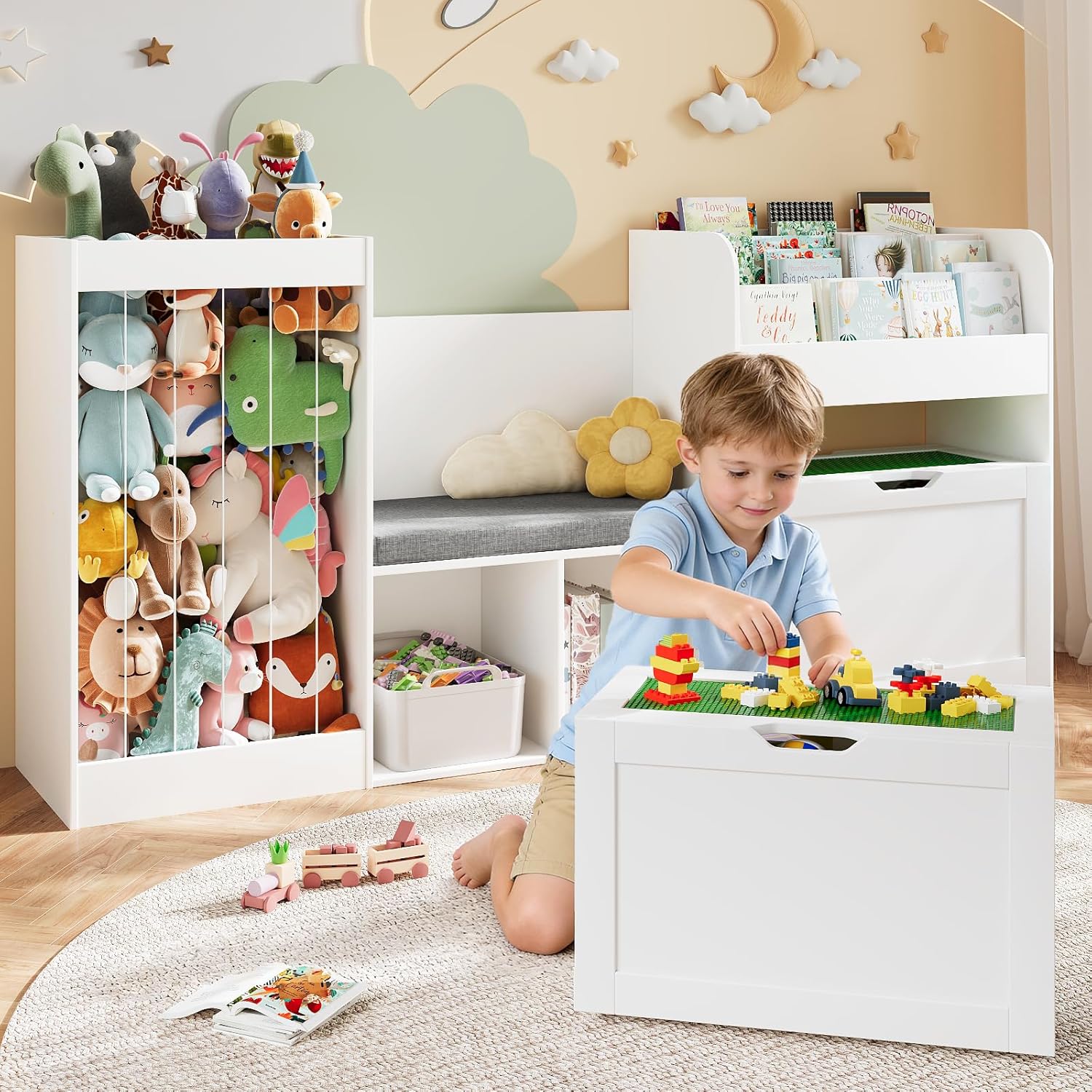 68.9' W Kids Reading Nook, Toy Storage Box with Removable Building Baseplate Play Lid for Lego, Wooden Bookshelf with Stuffed Animal Storage, Bench and Removable Cushions for Playroom(White)