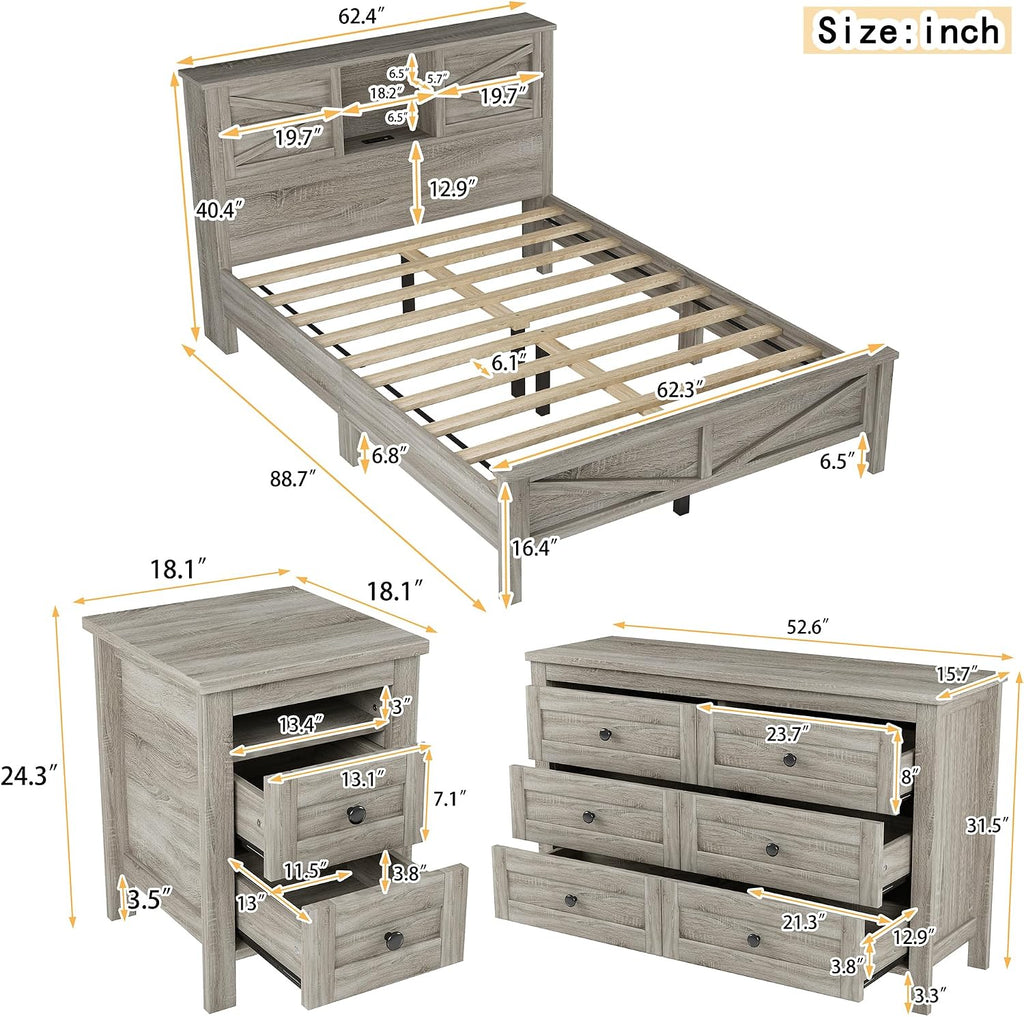 3-Pieces Bedroom Sets with Queen Size Farmhouse Platform Bed, Double Sliding Door Storage Headboard, USB, 3PCS Bedroom Sets with Cabinet, Nightstands for Kids Adults, Gray