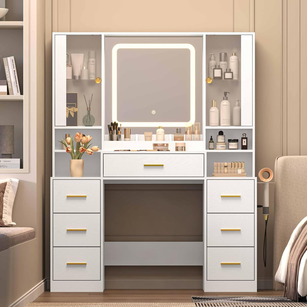 Wodeer White Makeup Vanity Desk with Mirror & Lights, Modern Vanity Table with Charging Station, 7 Drawers, Glass Cabinet, Adjustable Shelves, Bedroom Dressing Table Set for Women & Girls