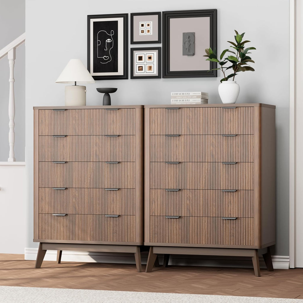 Royal Windsor Fluted 5 Drawers Dresser for Bedroom,43' Tall Wooden Dresser Chest of Drawers,Curved Profile Design,Storage Organizer for Living Room,Hallway,Brown