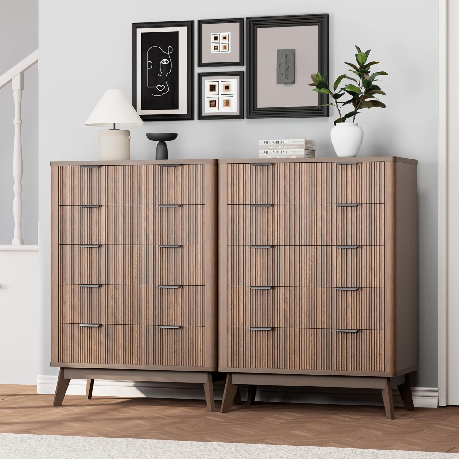 Royal Windsor Fluted 5 Drawers Dresser for Bedroom,43' Tall Wooden Dresser Chest of Drawers,Curved Profile Design,Storage Organizer for Living Room,Hallway,Brown