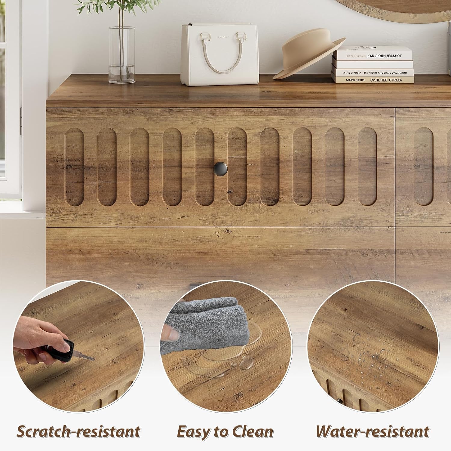 IBF Farmhouse Dresser for Bedroom Modern 6 Drawer Dresser Fluted Chest of Drawers Large Wood Closet Dressers with Anti-Tipping Design for Bedroom, Living Room, Hallway, Entryway, Nursery, Rustic Oak