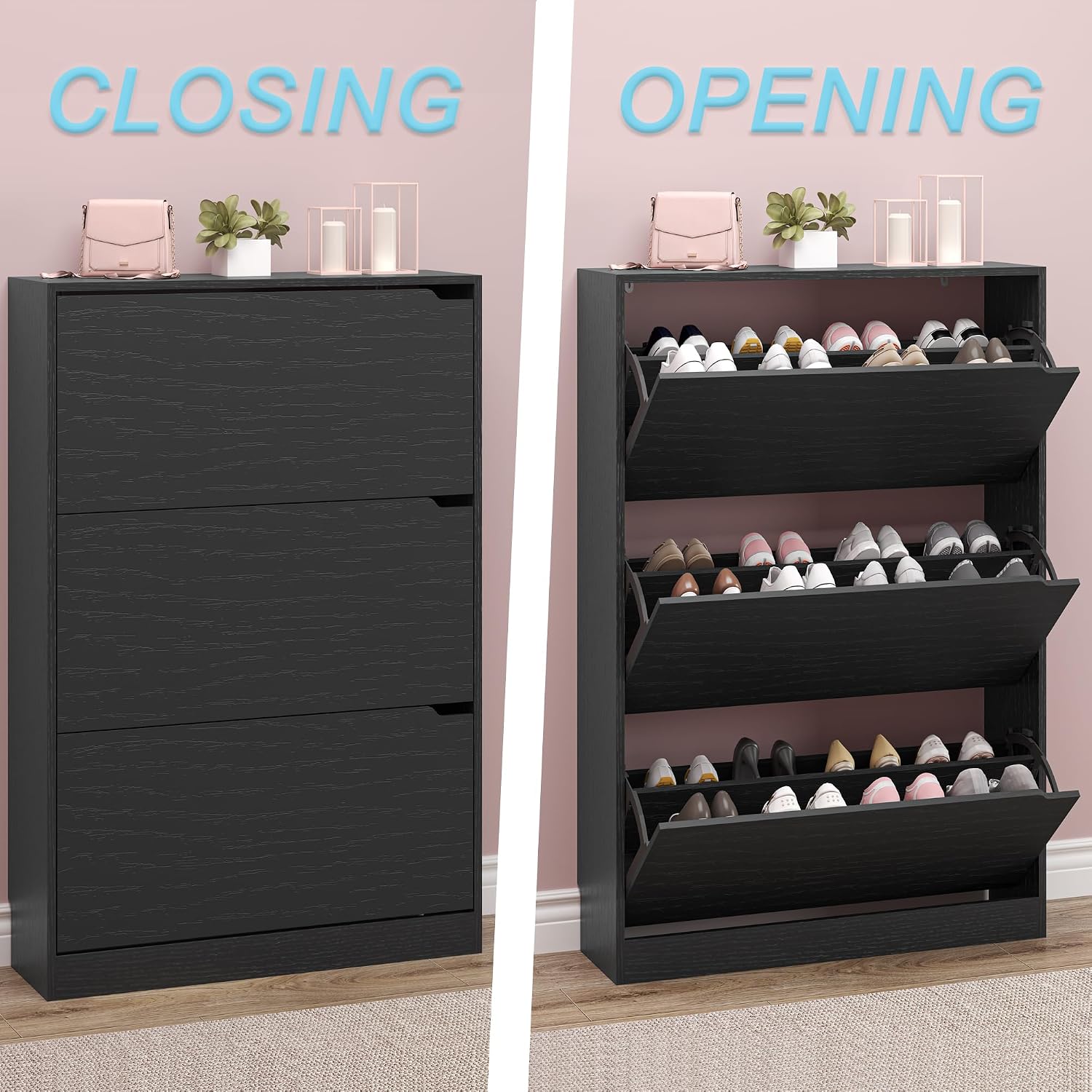 BORNOON Shoe Storage Cabinet with 3 Flip Drawers,Narrow Shoe Rack Cabinet,Freestanding Organizer Storage for Entryway, Hallway, Black