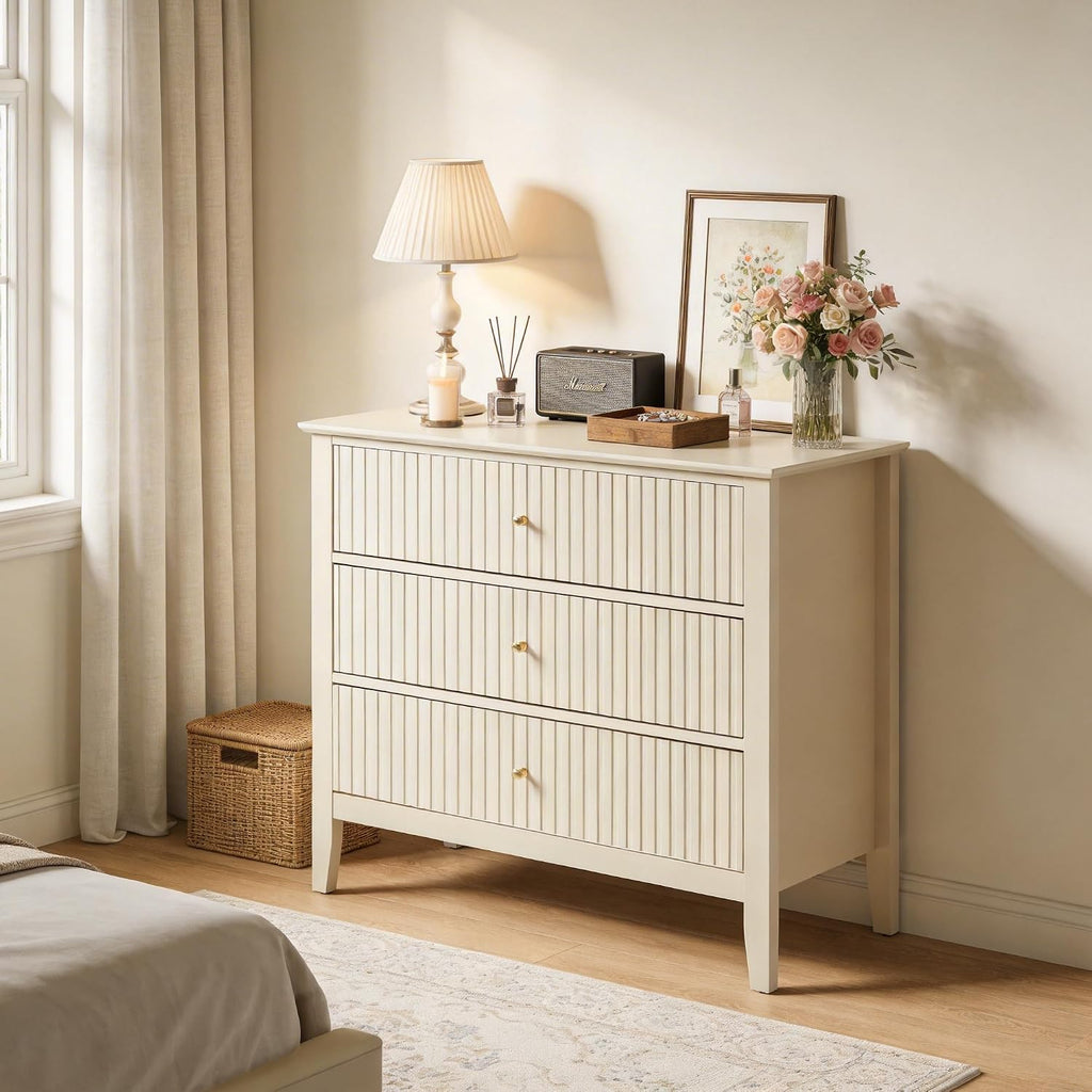 RoyalCraft Large 3 Drawer Dresser Set of 2, Fluted Wood Drawers for Bedroom, Modern Painted 30 inch Wide Nightstand for Bedroom, Entryway, Beige