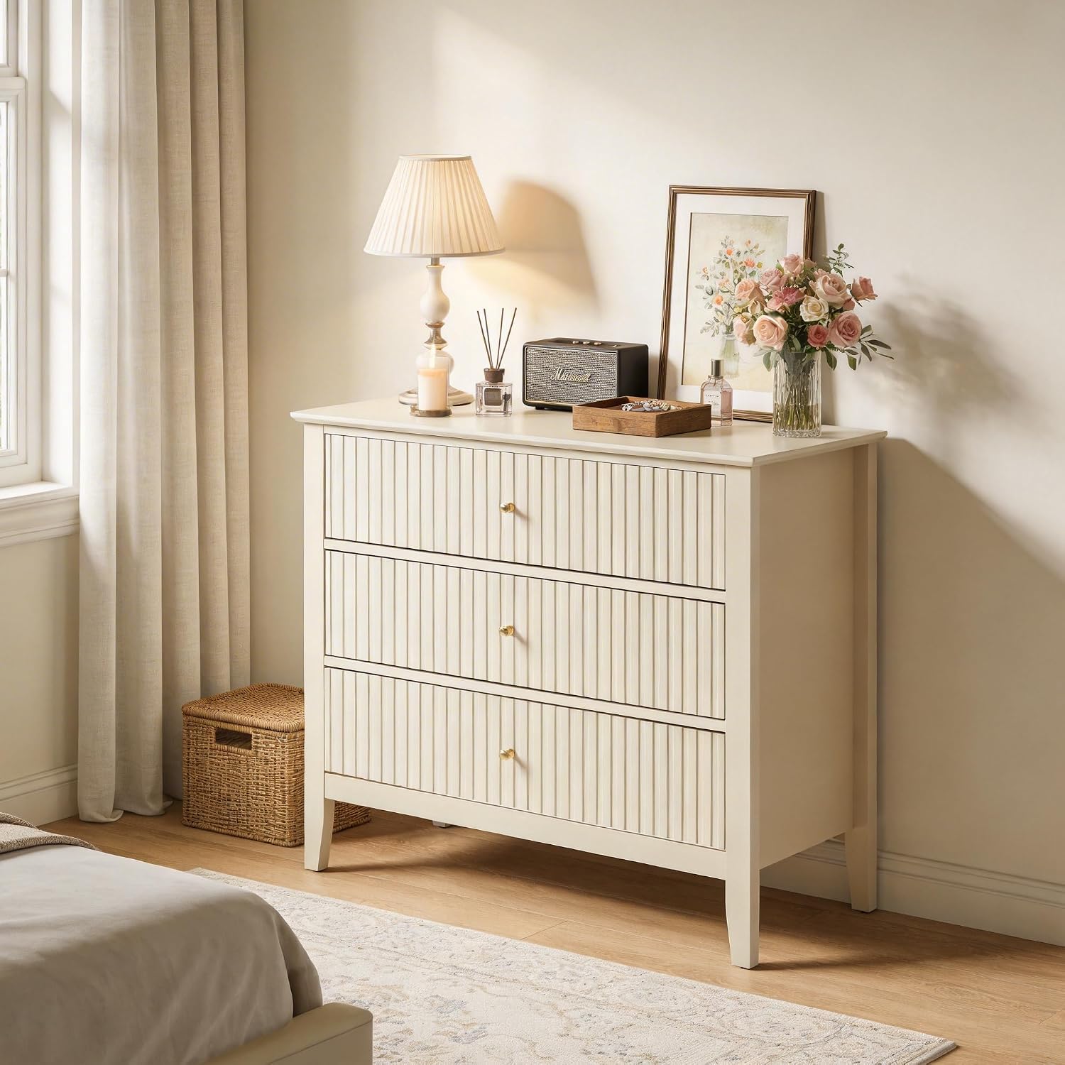 RoyalCraft Large 3 Drawer Dresser Set of 2, Fluted Wood Drawers for Bedroom, Modern Painted 30 inch Wide Nightstand for Bedroom, Entryway, Beige