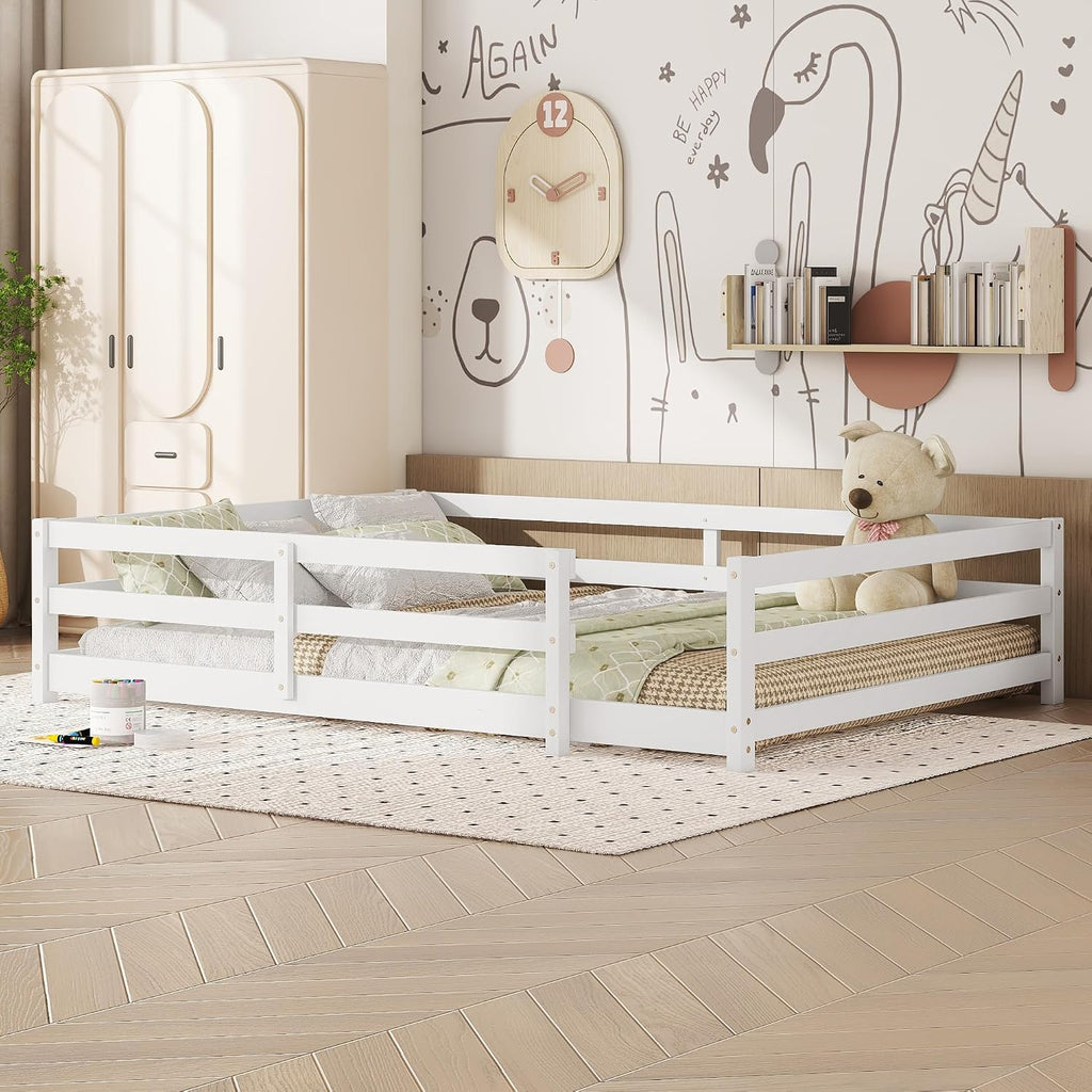 Modern Classic Full Size Bed Frame with Fence, Sturdy Wood Montessori Floor Bed for s, Boys, Girls, Dorm, Bedroom, House, Easy to Assemble, Noise-Free Design, No Box Spring Needed,White-Fu