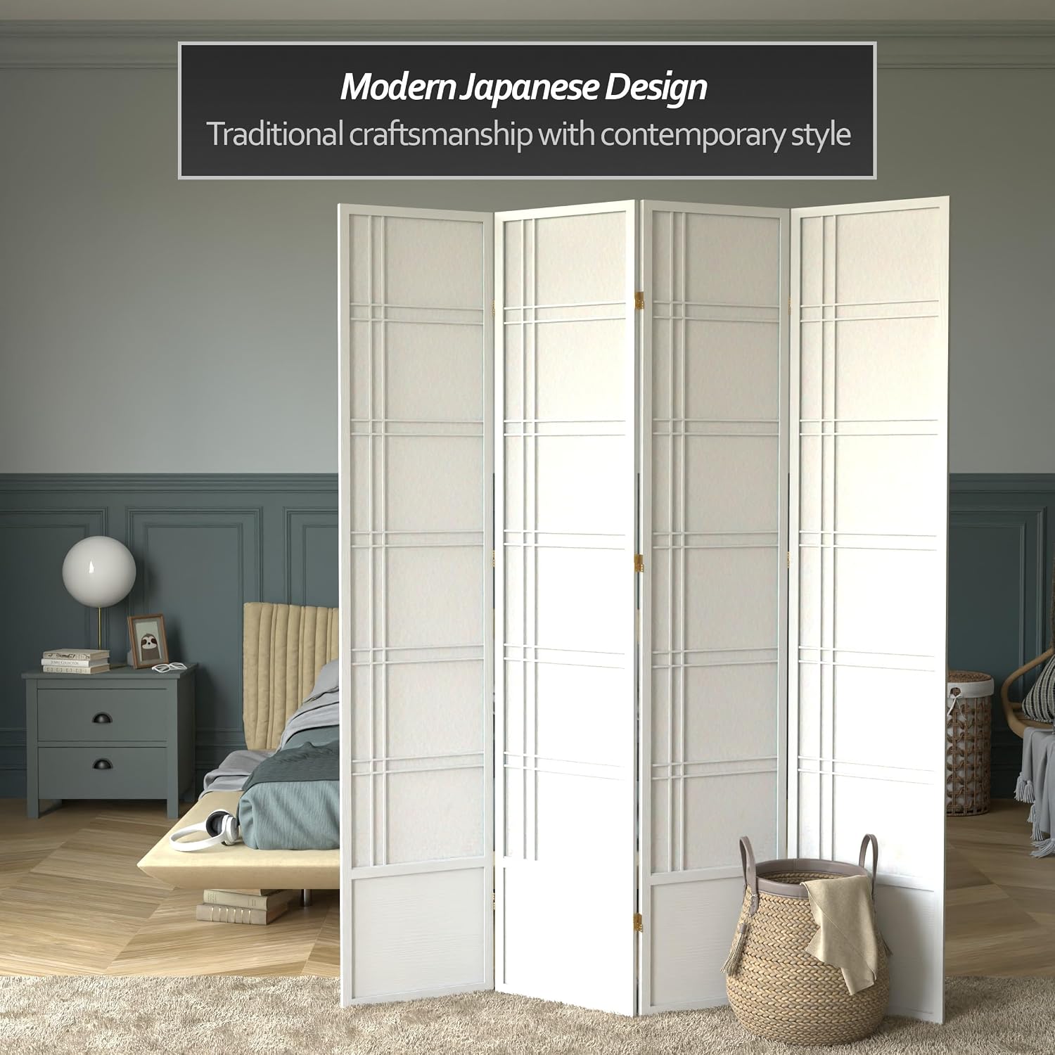 Red Lantern 7 ft. Tall Double Cross Shoji Screen - White - 4 Panels