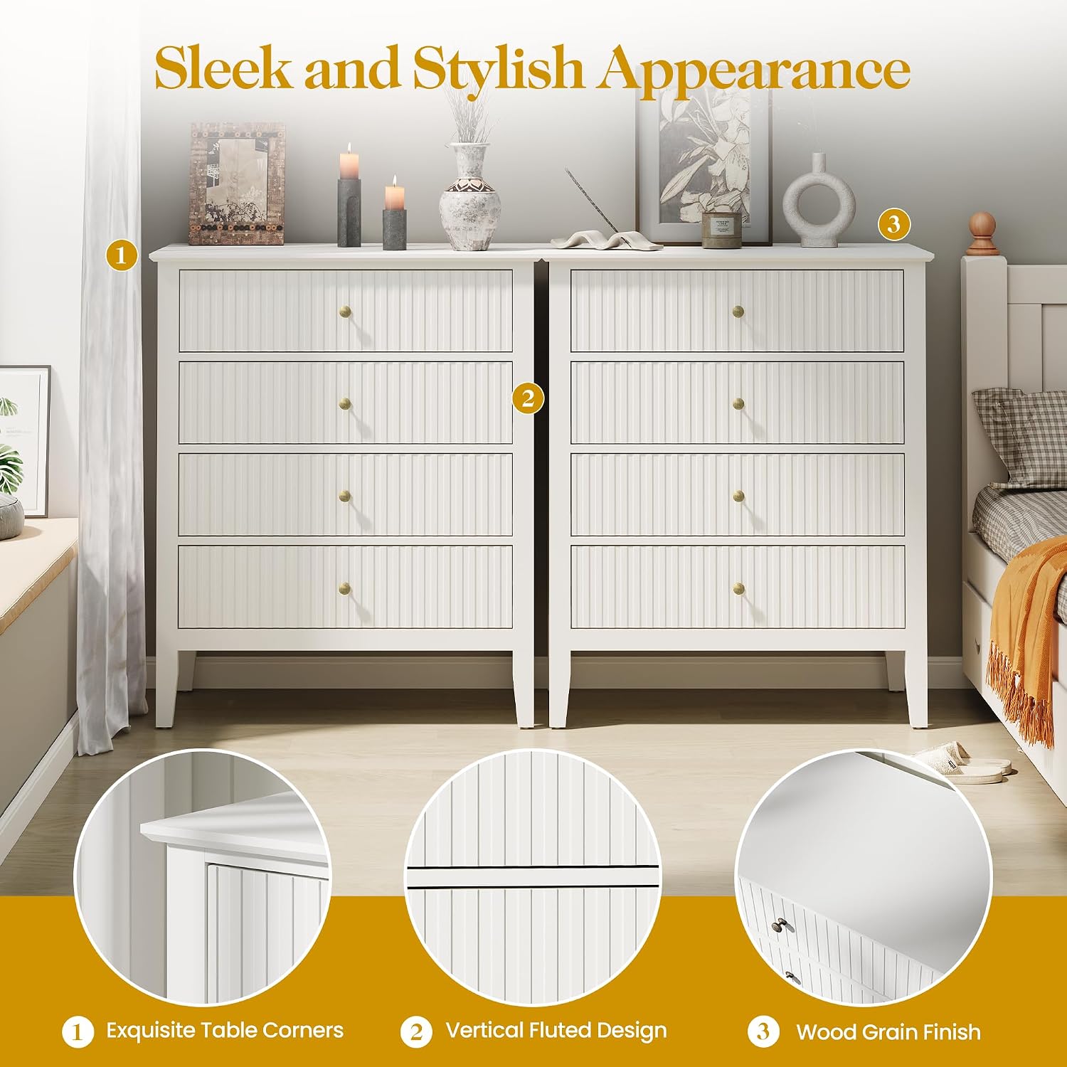 RoyalCraft White Fluted 4 Drawer Dresser Set of 2 for Bedroom, Modern Chest of Drawers, Wood Dresser for Storage Clothes, Wooden Storage Cabinet Nightstand for Bedroom, Hallway, Living Room, Entryway