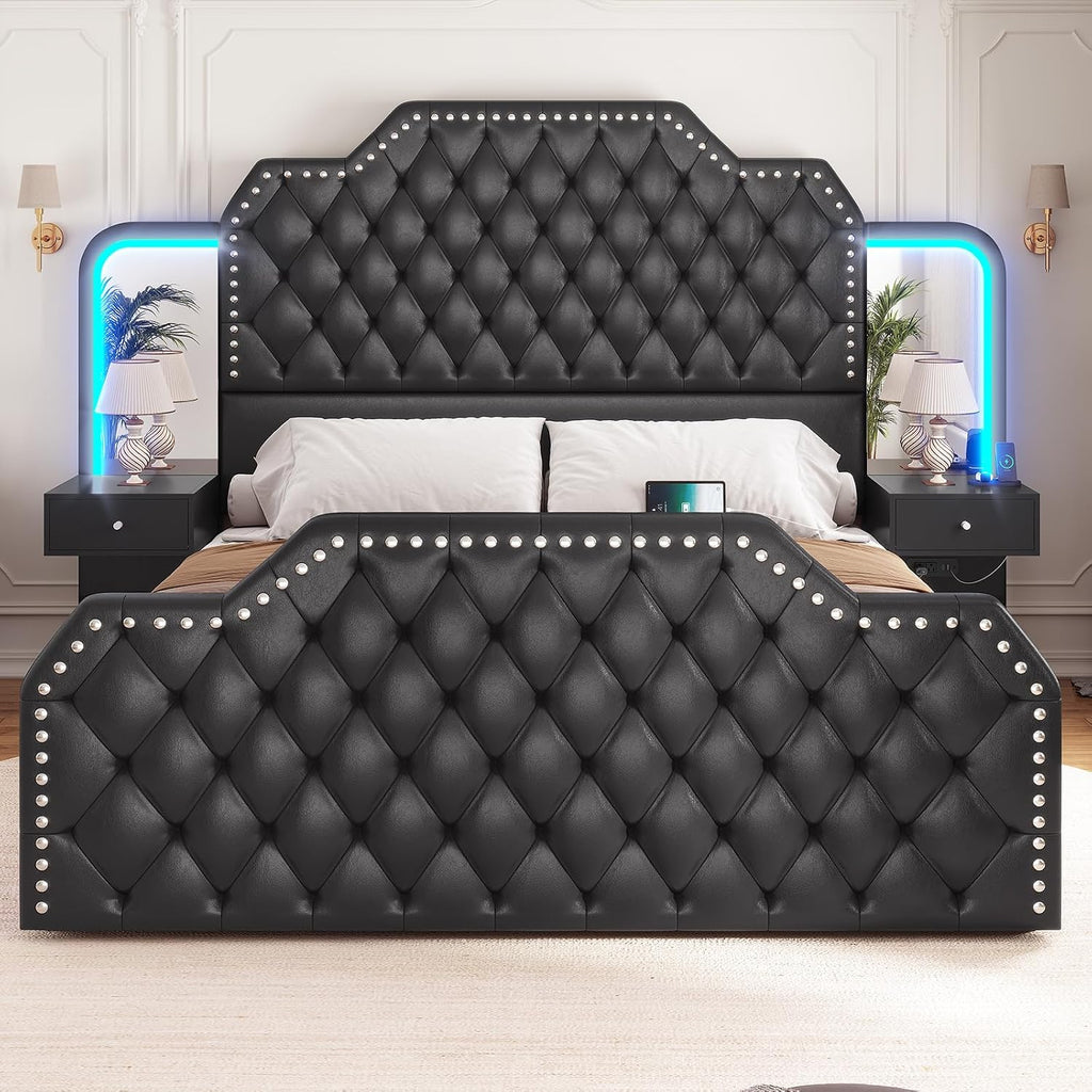 Itaar Queen Bed Frame with 53' Tall Headboard and 4 Storage Drawers, PU Leather Upholstered Platform Bed Frame, Built in Charging Station & Led, 2 Nightstands with Mirror, Black