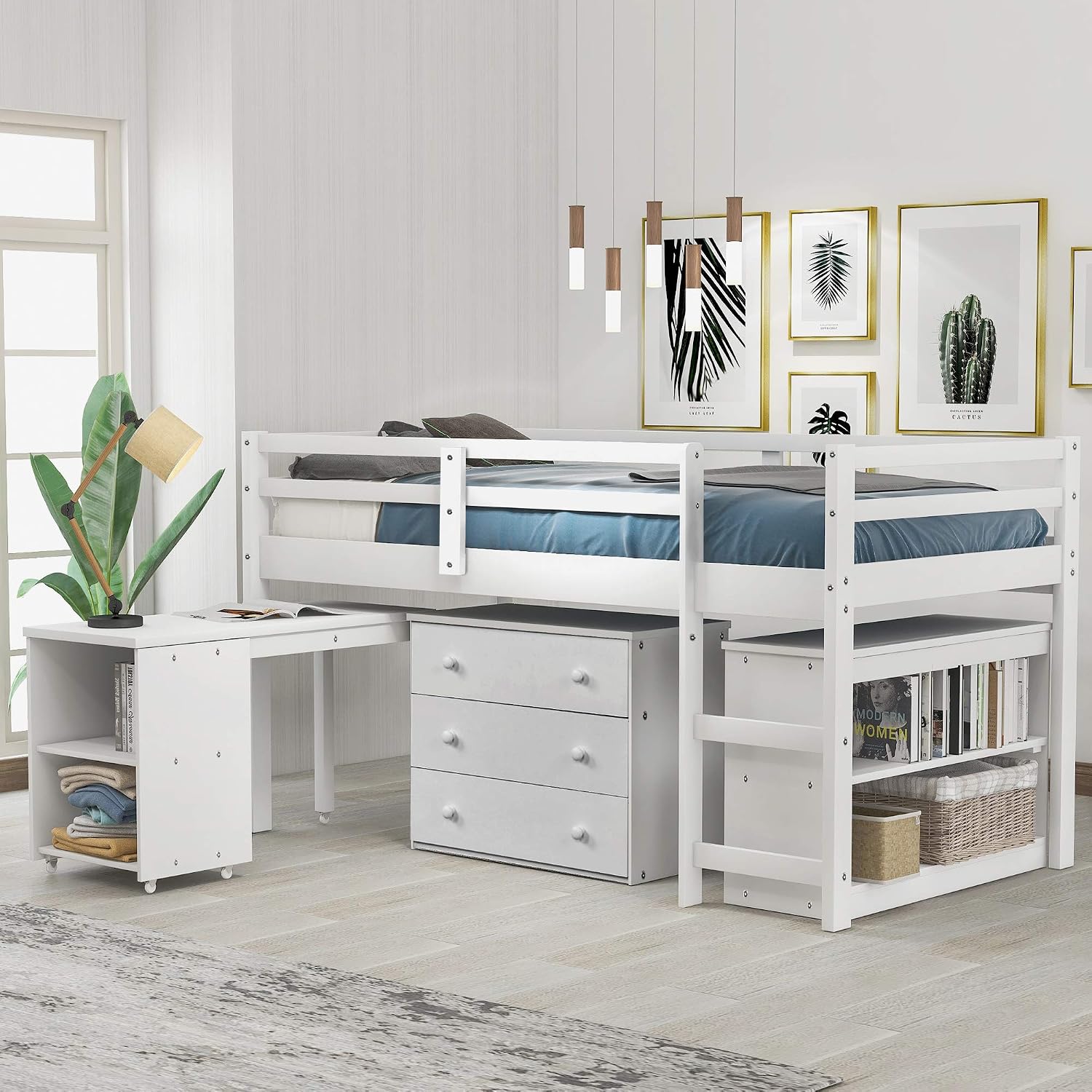JIVOIT Twin Size Low Loft Bed with Rolling Portable Desk, Wooden Loft Bed with Cabinet/Bookshelf/Drawers/Open Shelves for Kids Teens Adults, No Box Spring Required (White-Twin-Rolling Portable Desk)