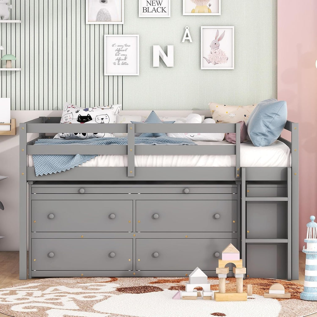 JIVOIT Full Size Low Loft Bed with Retractable Writing Desk, Storage Bed with 4 Drawers and Shelves, Wooden Loft Bed with Lateral Portable Desk for Kids Teens Adults Bedroom (Gray,Full,9)