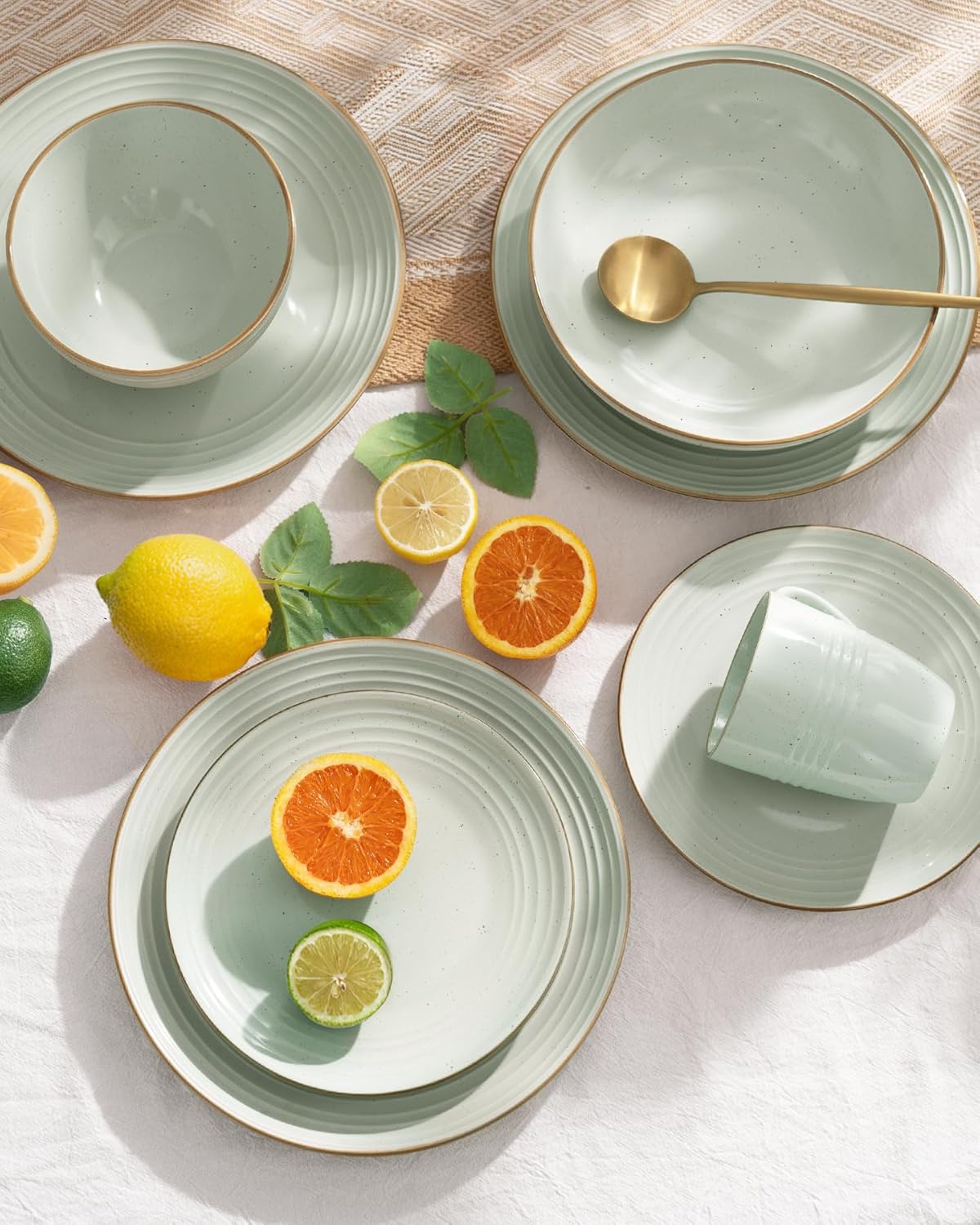 Famiware Jupiter 18-Piece Stoneware Dinnerware Sets for 6 – Handcrafted Plates and Bowls with Speckles & Embossed Swirls, Chip & Scratch Resistant, Modern Rustic Dishes for Daily & Formal Use, Green