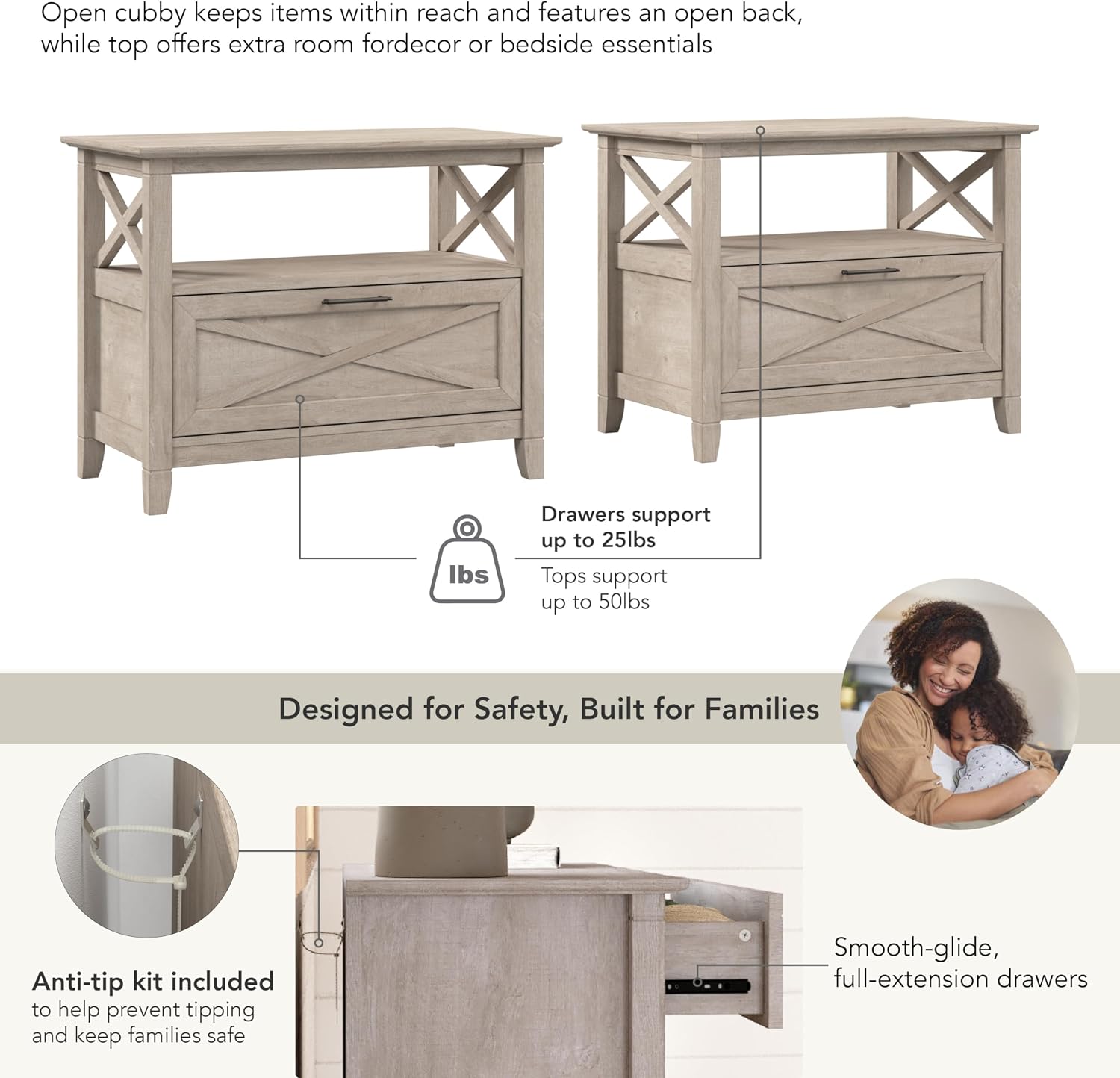 Bush Home 32-inch Nightstand with Drawer - Set of 2, Bedroom Furniture, Key West Collection, Washed Gray