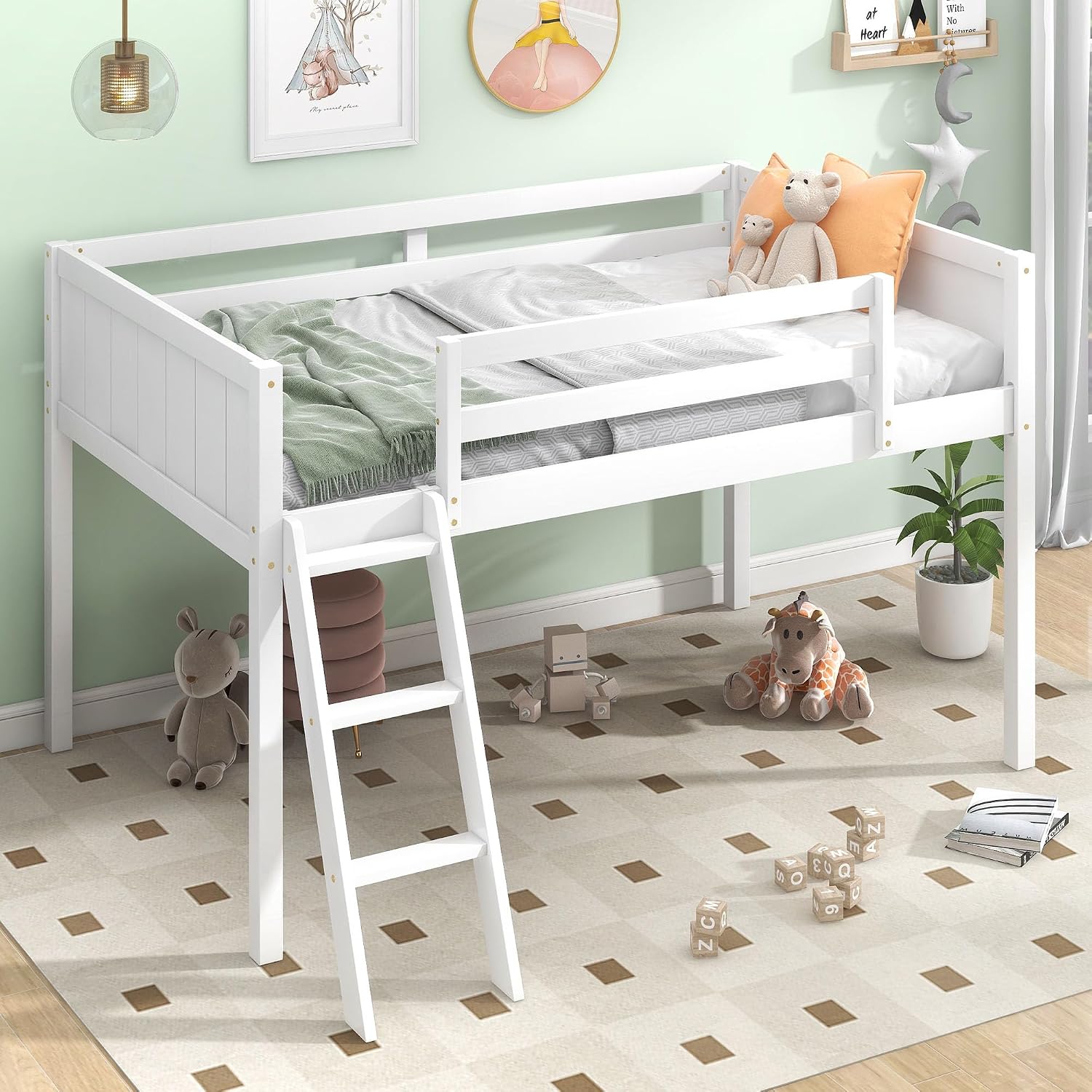 Twin Size Loft Bed, Wood Low Loft Bed with Convertible Ladder, Ladder can be Placed on the Left or Right, Safety Guardrails, Wood Slats Support, No Box Spring Required (White & Convertible Ladder)