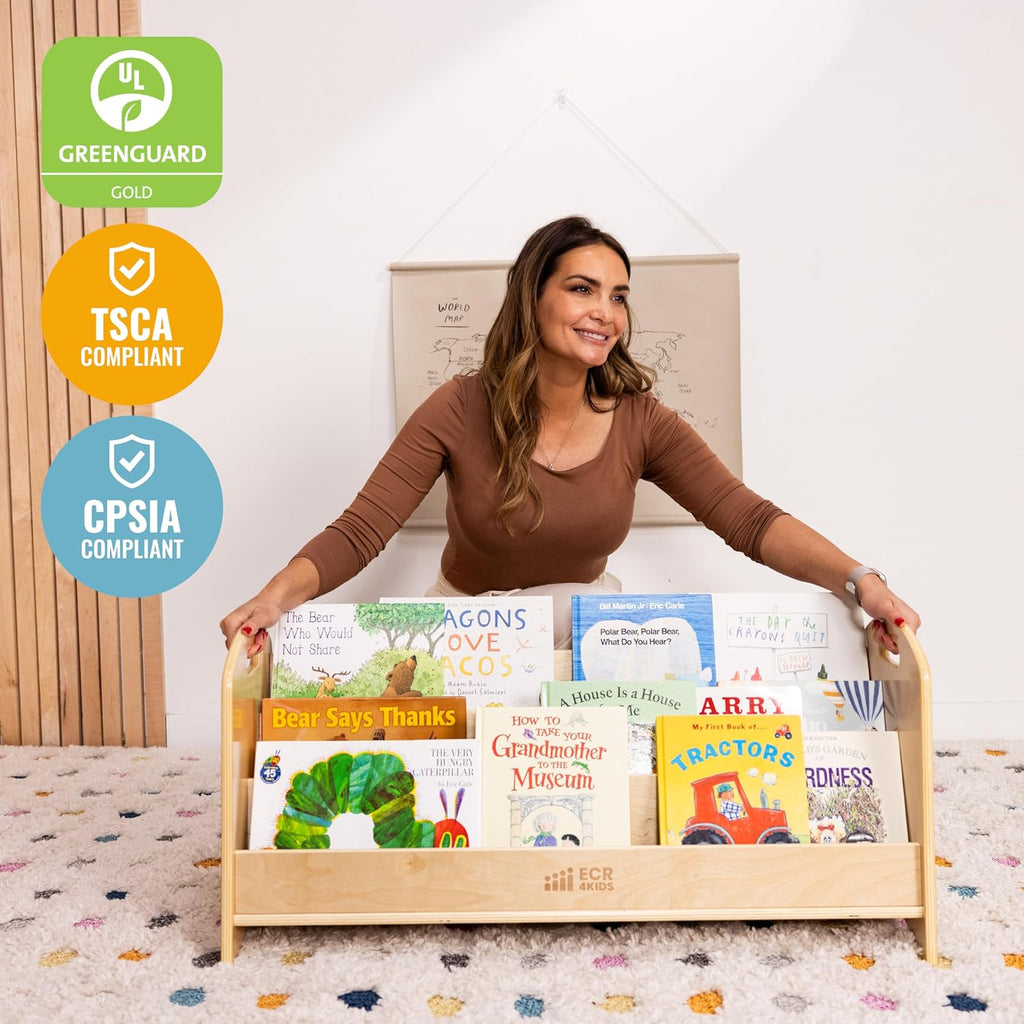 ECR4Kids 3-Shelf Floor Book Display with Handles, 36in, Children's Furniture, Natural