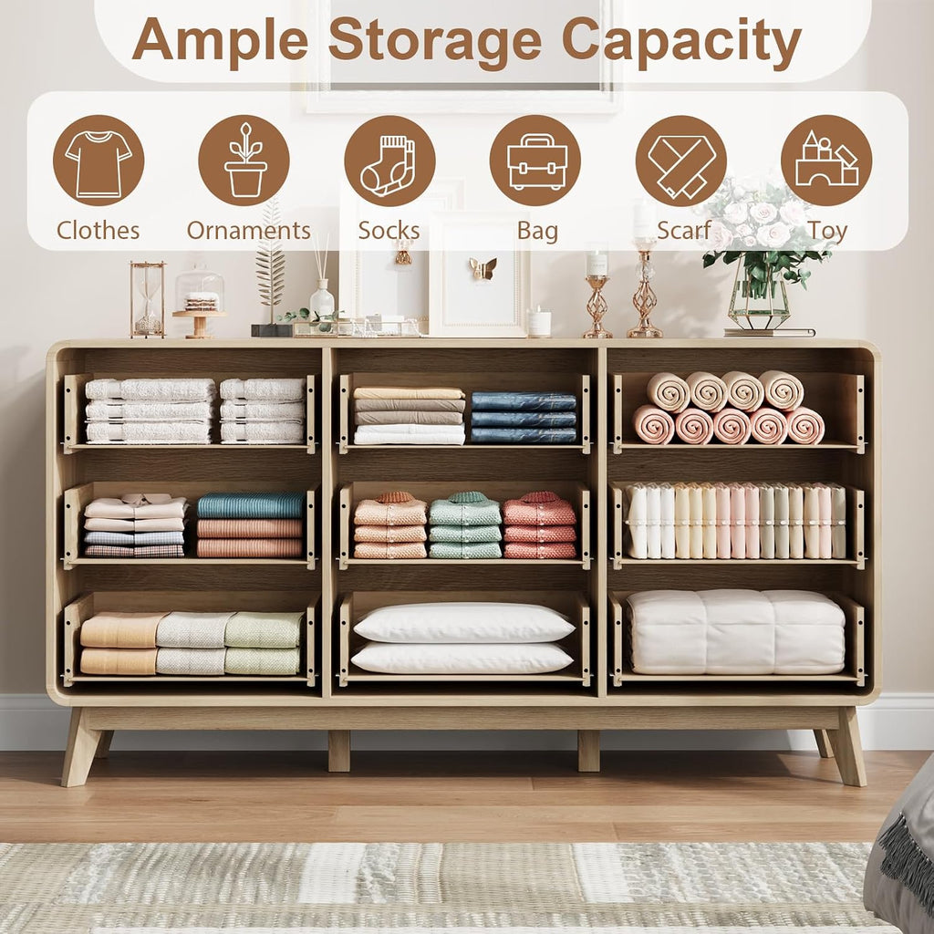 QUW Fluted 59.1' Wide Modern Dresser for Bedroom with 9 Drawers, Tall Chest of Drawers with Metal Handle, Wooden Dresser TV Stand, Hallway, Living Room, Natural Oak