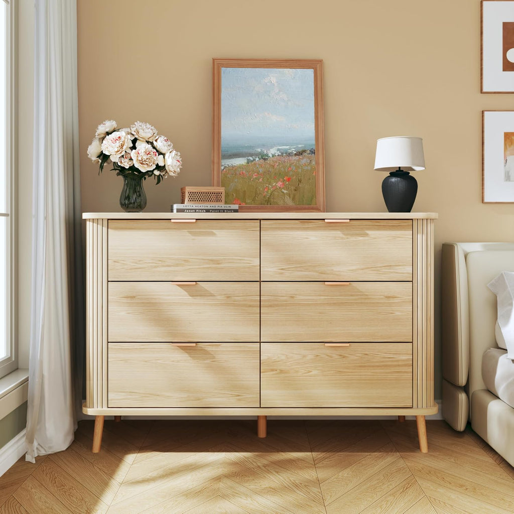 6 Drawer Dresser for Bedroom, Mid Century Modern Dresser with Curved Profile & Fluted Design, Wide Wood Chests of Drawers Storage for Bedroom, Entryway, Hallway, Oak