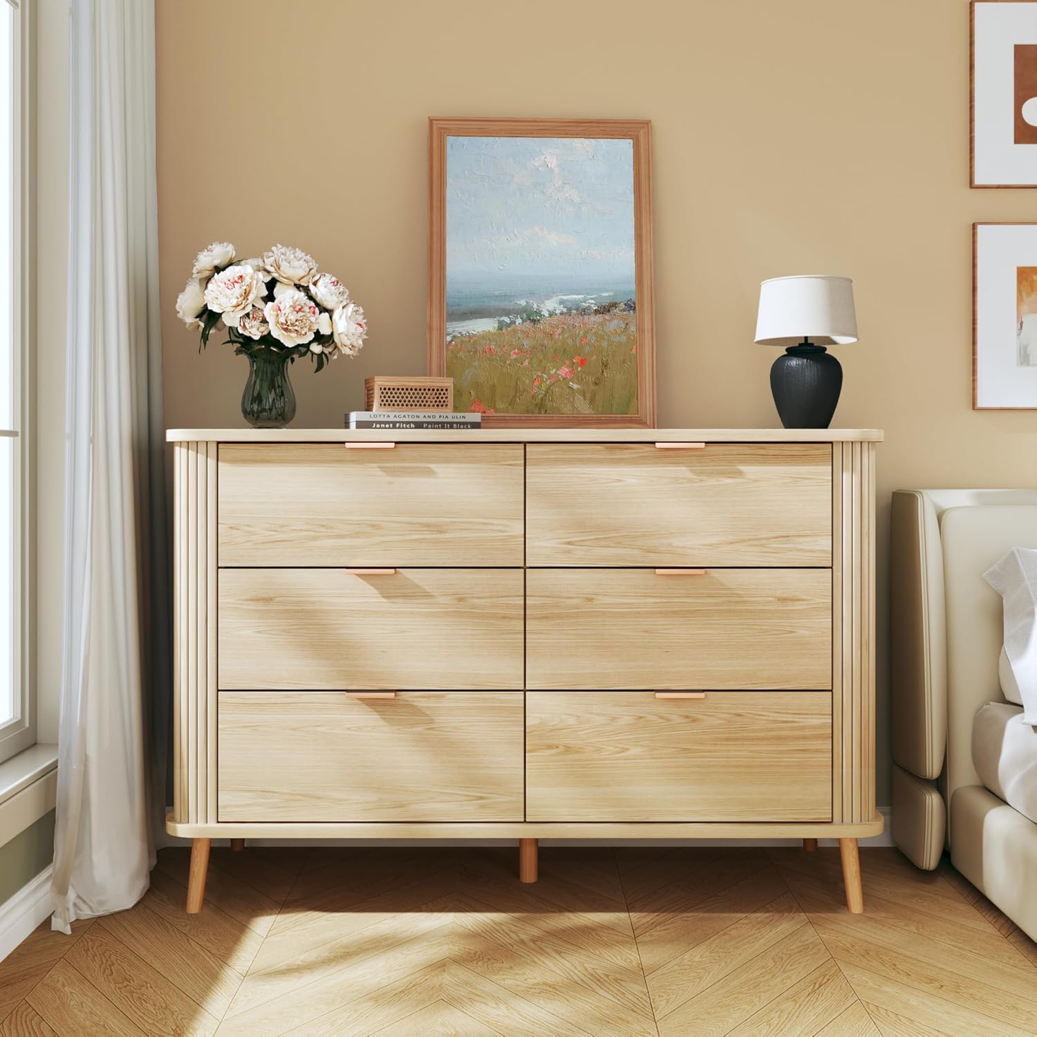 6 Drawer Dresser for Bedroom, Mid Century Modern Dresser with Curved Profile & Fluted Design, Wide Wood Chests of Drawers Storage for Bedroom, Entryway, Hallway, Oak