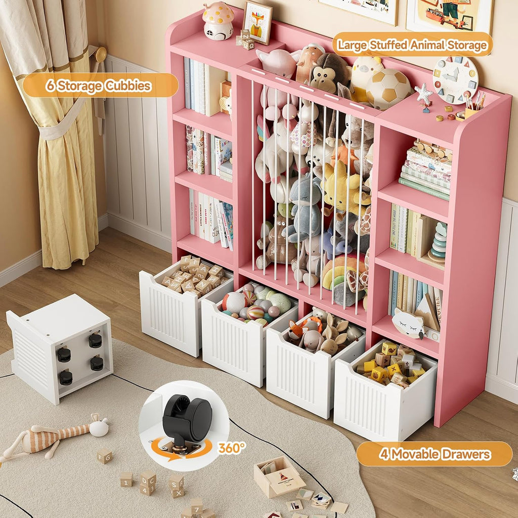 ONBRILL Toy Storage Organizer, Toddler Stuffed Animal Storage, Kids Toy Shelf with 6 Open Cubbies & 4 Movable Toy Chest, Bookshelf for Kids Room Playroom Bedroom Nursery (Pink)