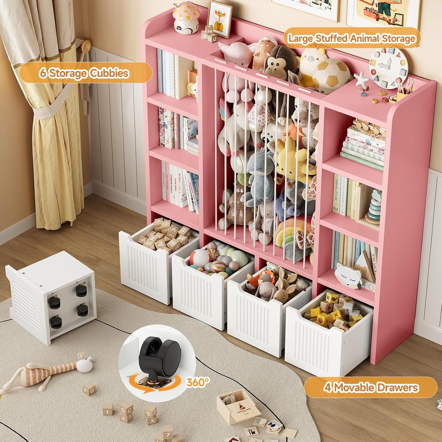 ONBRILL Toy Storage Organizer, Toddler Stuffed Animal Storage, Kids Toy Shelf with 6 Open Cubbies & 4 Movable Toy Chest, Bookshelf for Kids Room Playroom Bedroom Nursery (Pink)